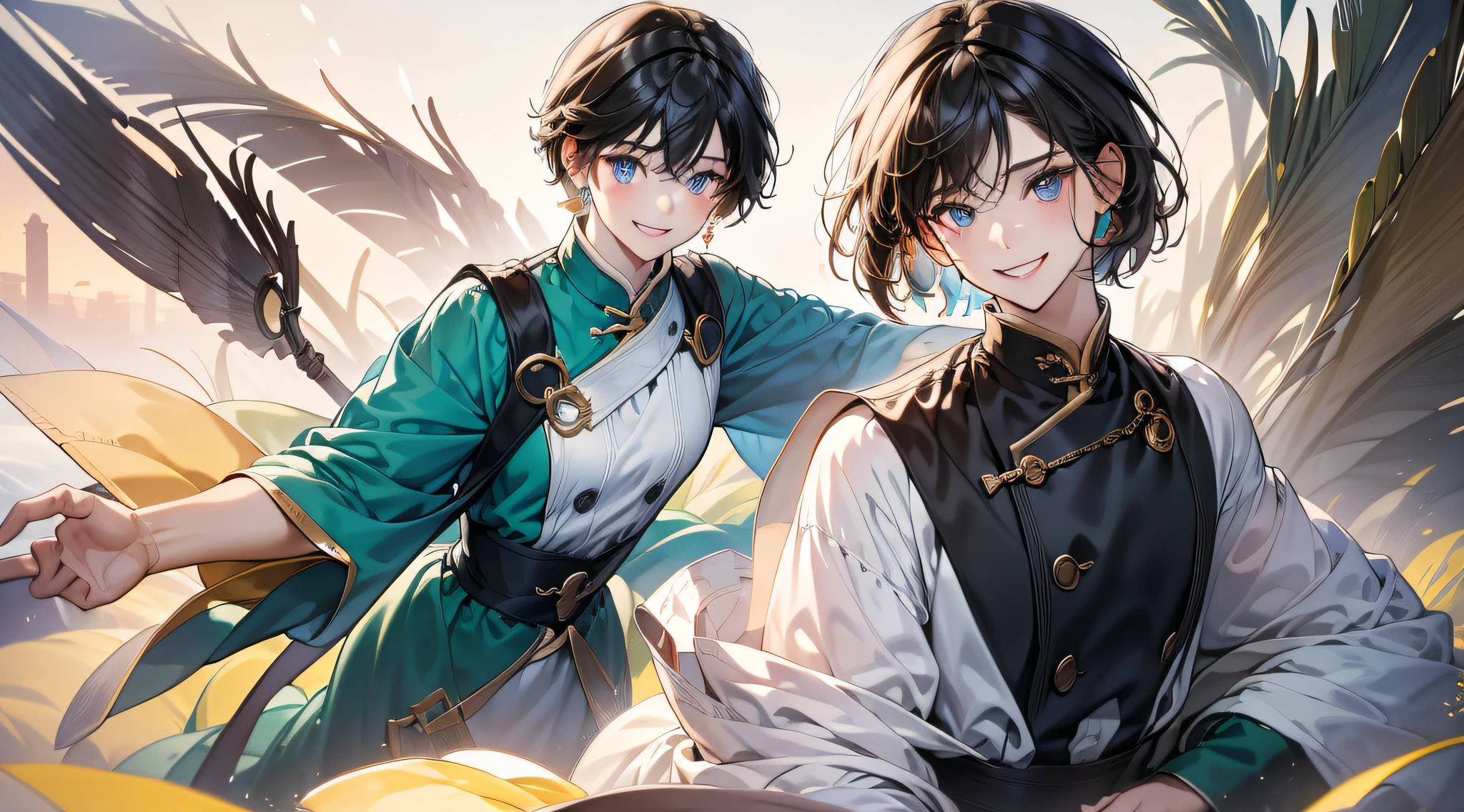 in 8K、top-quality、masterpiece:1.2)、1人の女性、(Smiling smile:1.1)、beautidful eyes、Valley、The upper part of the body、length hair、Like a boy、poneyTail、Gold View、