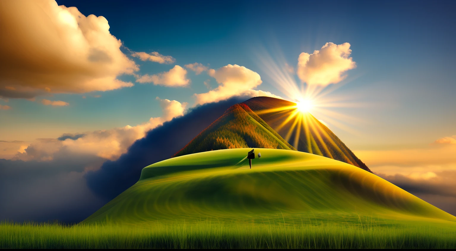 mountain with grass in low part, on top on mountain have cloud, Surrealism, modern, Realism, Verism, ray tracing, reflection light, cinematic lighting, god rays, backlighting, panorama, from outside, retina, high details, best quality, highres, award winning, super detail, ccurate