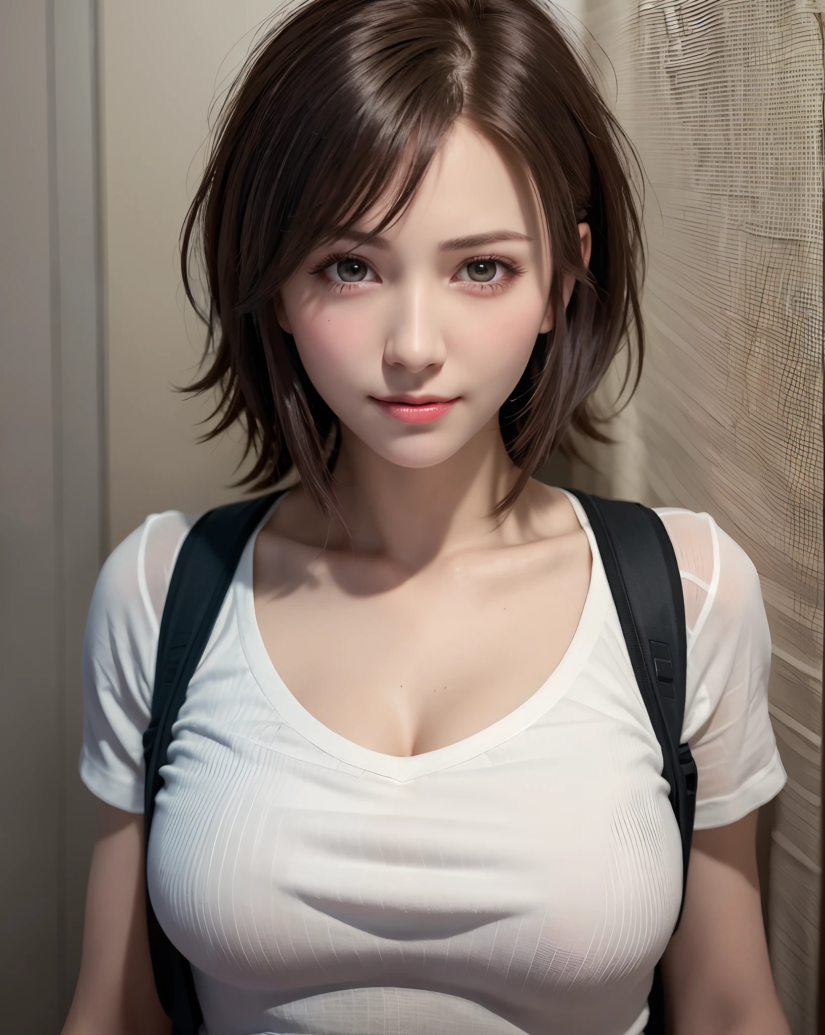 Best Quality, Ultra High Resolution, (Photorealistic: 1.4), Beautiful Eyes, Super Beautiful, Very Short Hair, Beautiful, Sweetheart, T-shirt with Rough Chest, Beautiful Soldier, Eyes That Invite Viewer, Lover's Perspective, Inviting Expression, Sexy Smile, Perfect Style, Perfect Balance, Detailed Skin, Naughty Gaze, Chest Visible