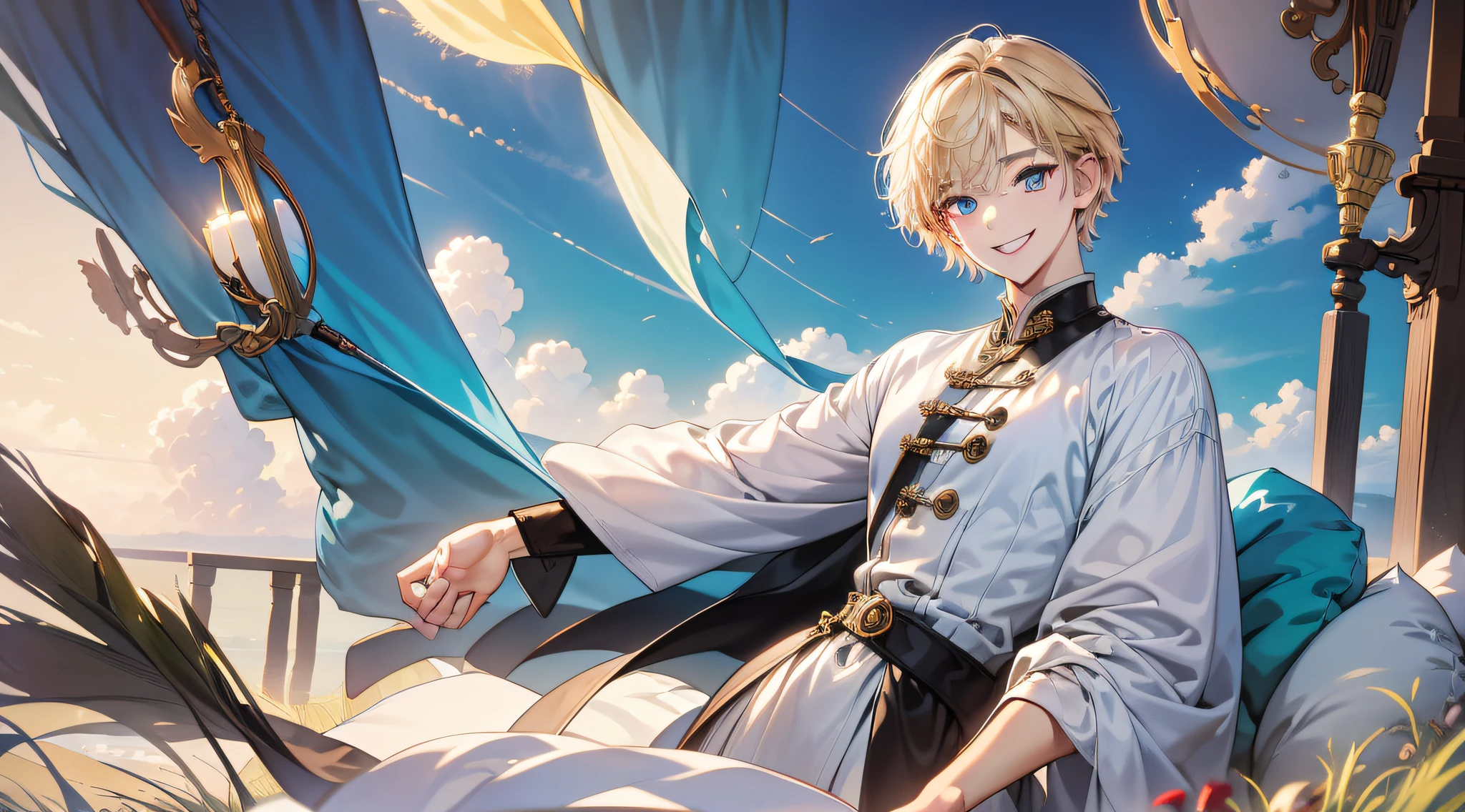 in 8K、top-quality、masterpiece:1.2)、1人の女性、(Smiling smile:1.1)、beautidful eyes、Valley、The upper part of the body、length hair、Like a boy、poneyTail、Gold View、