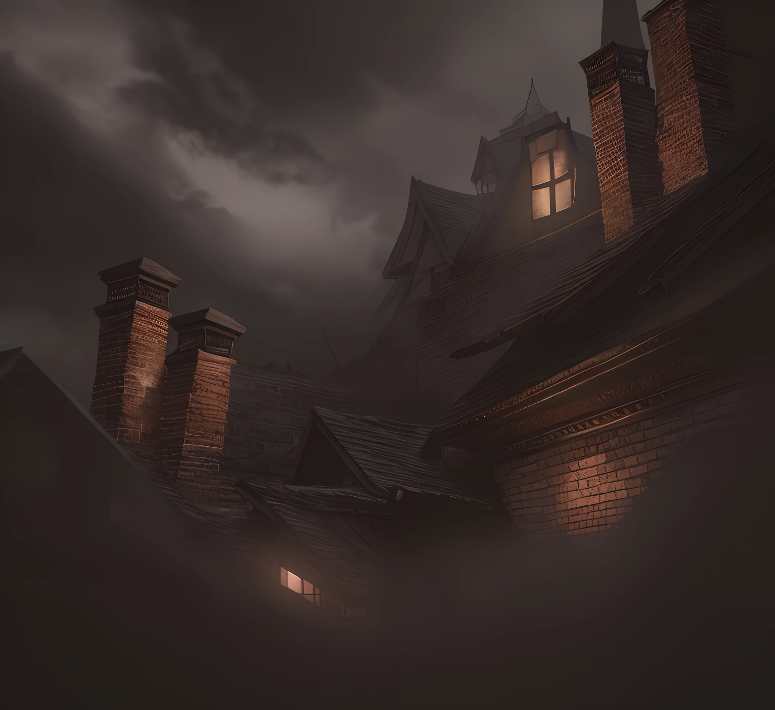 There are roofs of old houses, which offer a view of the gateways, concept illustration, higly detailed, Lighting Study, atmospheric, gloomy atmosphere, Foggy alleys in the distance, dreary atmosphere, Foggy Backgeound, foggy evening, Very realistic, old roofs of houses, Old houses!