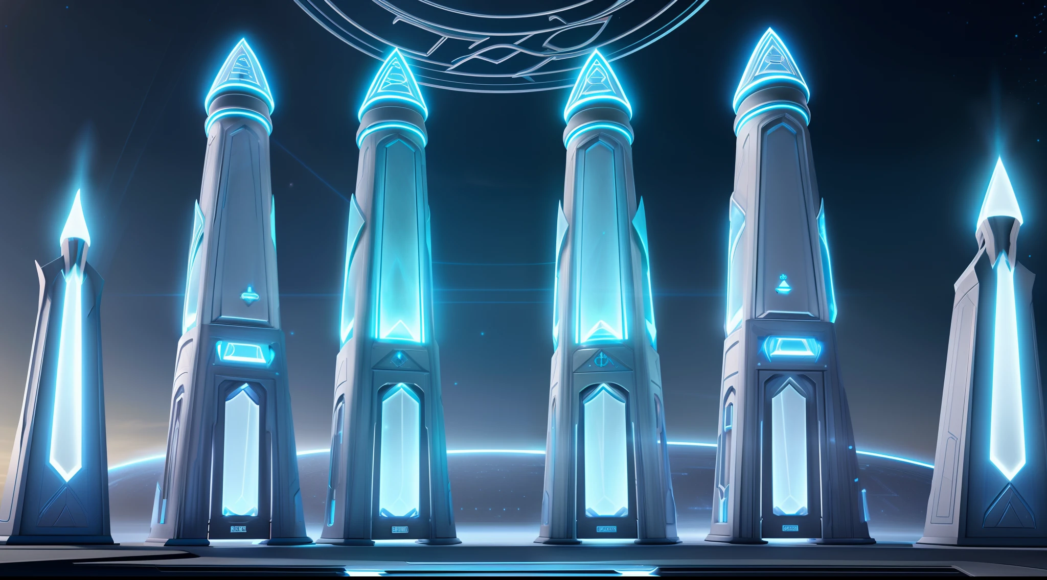 frontal view of (((4) blue futuristic obelisks)) in a fantasy civilization design, showcasing cutting-edge technology with a touch of elegance, emanating a soft glow, embodying four text concepts.