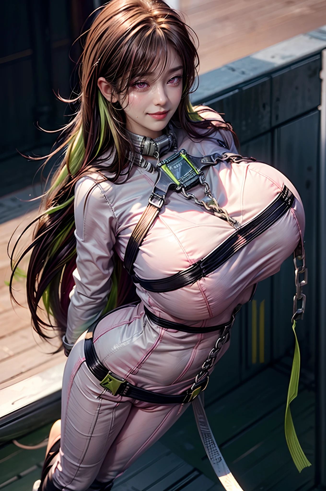 ((full body)),Ultra realistic illustration,hyperrealistic,pixiv,sharp focus, dramatic, dynamic lighting,(1girl), guilty \(nikke\) looking at viewer, white bodysuit,collar,breast strap, belt,chest harness,standing, huge ass, wide hips, curvy, very long hair, (pink eyes:1.5), two-tone hair, green hair, arms behind back,hand cuff,large breasts,(gigantic breasts:1.5),naughty face,dynamic pose,abs,muscular female,chain,(forced smile:1.5),(detailed body:1.5),narrow waist,(depth of field:1.4), (sweating:1.5)