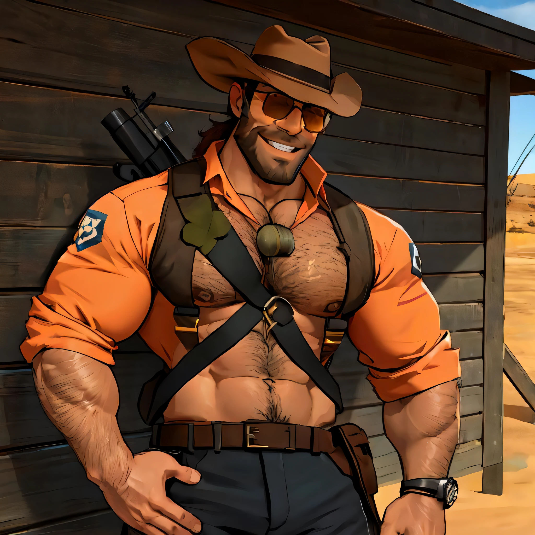 sniper_tf2, cowboy hat, sunglasses, male focus, bara, pectorals, hairy, smile