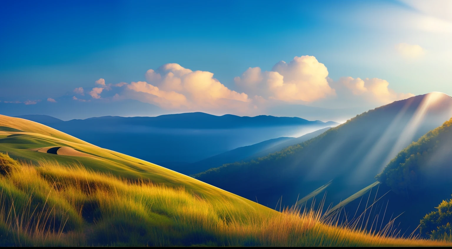 mountain with grass in low part, on top on mountain have cloud, Surrealism, modern, Realism, Verism, ray tracing, reflection light, cinematic lighting, god rays, backlighting, panorama, from outside, retina, high details, best quality, highres, award winning, super detail, ccurate