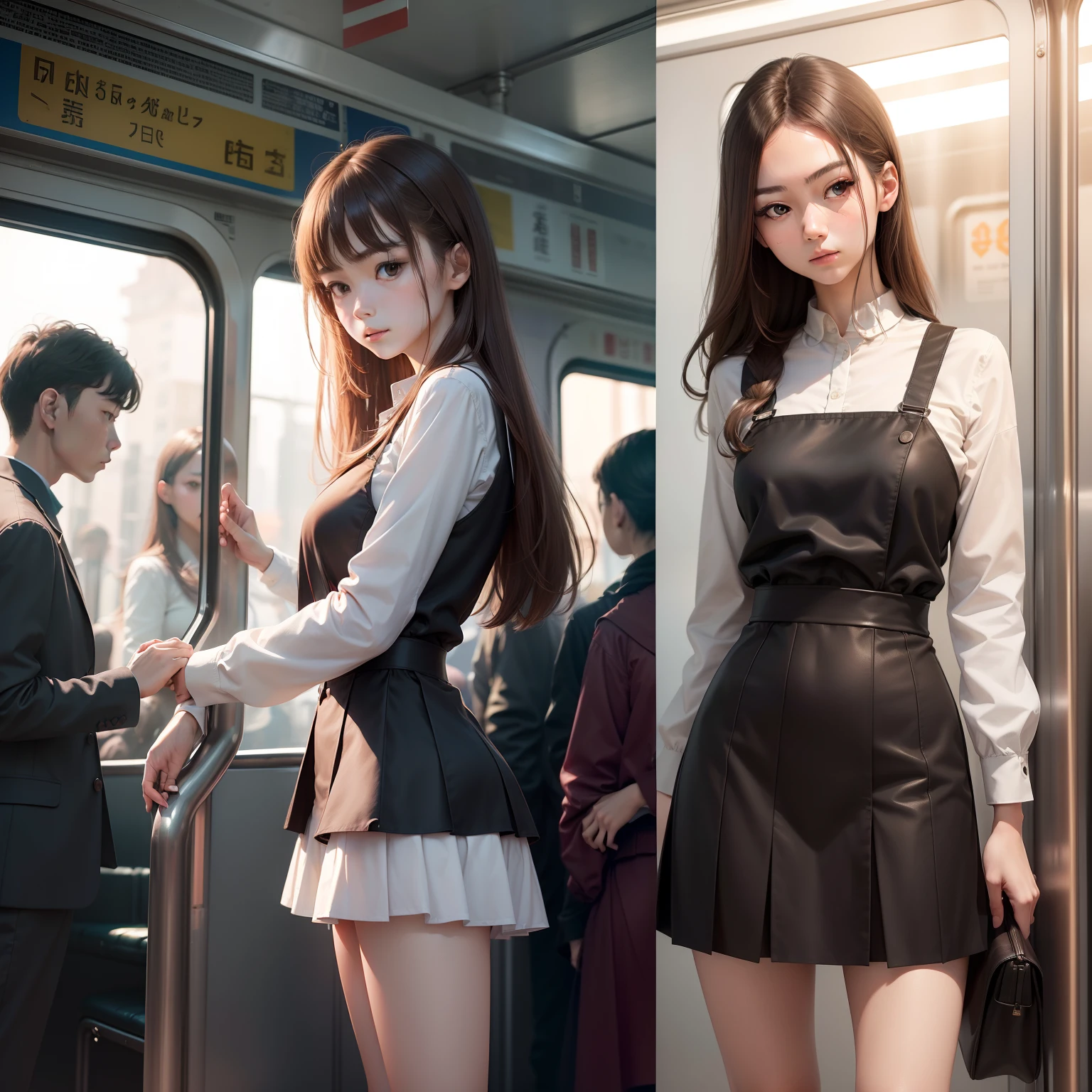 top-quality、​masterpiece、超A high resolution、(Photorealsitic:1.4)、Raw foto、(slender leg)(beautifull hands)(Normal body shape)、dynamicposes、1girl in、独奏、校服、On the train、Brown hair