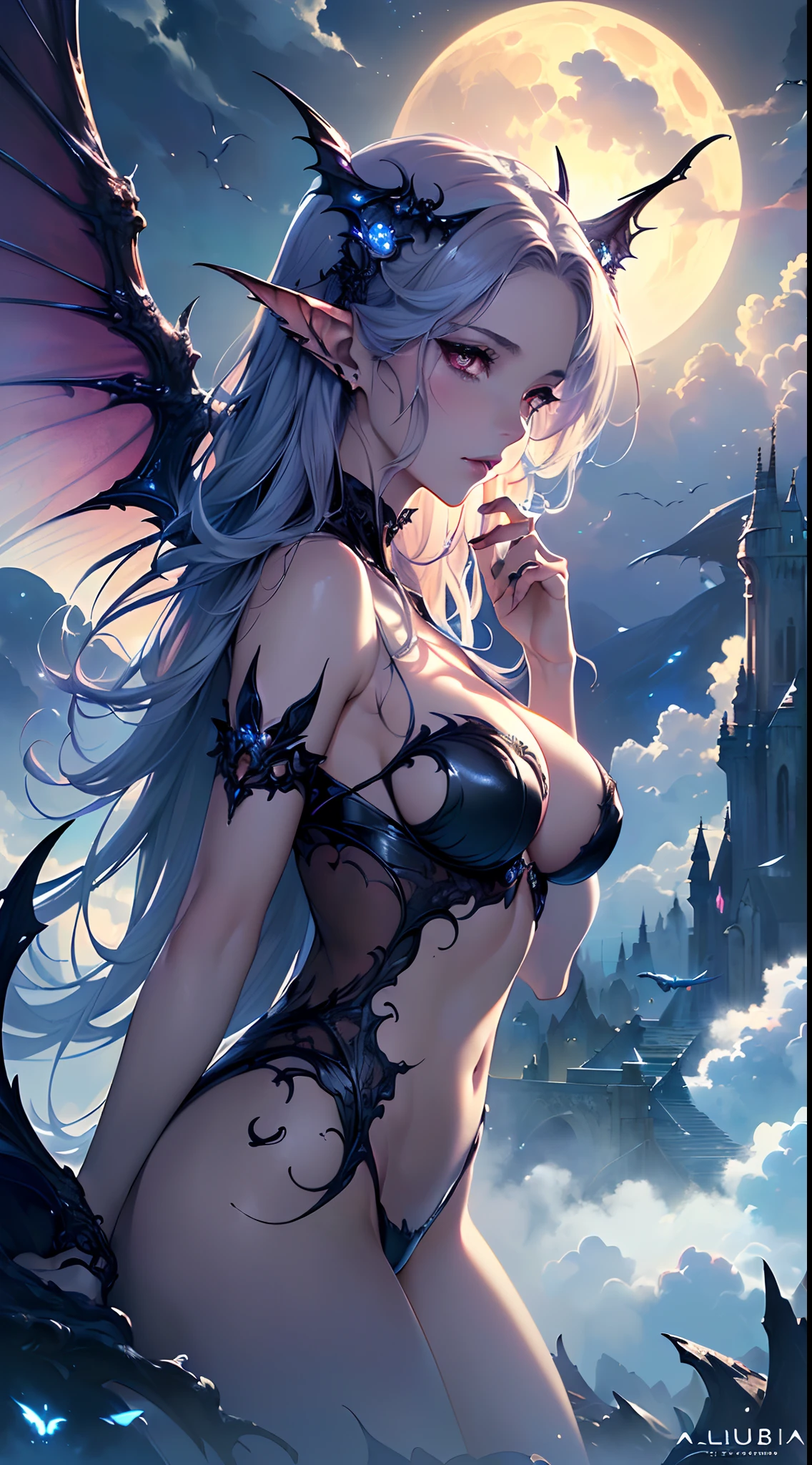 ((Need)), ((tmasterpiece)), (A detailed), Enchanting succubus, Ethereal beauty, Perched in clouds, (fantasy illustrations:1.3), Seductive gaze, captivating posture, delicate wings, otherworldly charm, Mysterious Sky, (Luis Royo:1.2), (Yoshitaka Amano:1.1), Moon Night, pastelcolor, (Detailed cloud view:1.3), (A high resolution:1.2),Close-up shot,Close-up shot