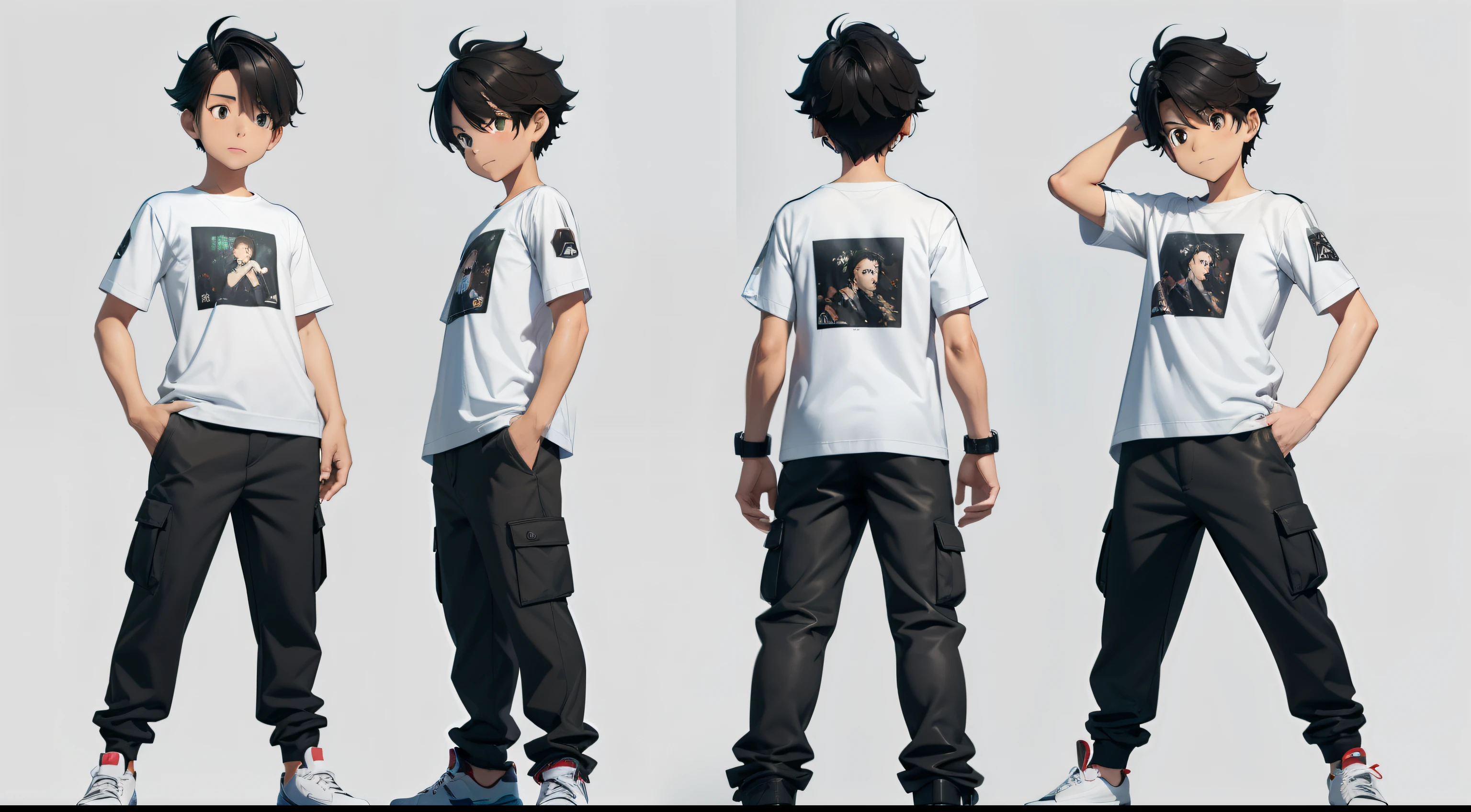 A wave black haired boy, 11 years old, brown eyes , 3d game style, multiple expressions and poses,
character sheet, full body, white T-shirt, green cargo pants, white shoes