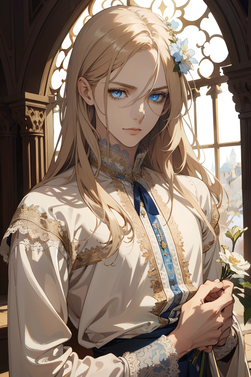 1 man, Realistic, master-piece, bestquality, Beautiful, detailed eyes and detailed faces.,natural light, Medieval Fantasy, European retro, White shirt, lace, Long dark golden hair, blue eyes, attractive, depressed, Decorative flowers, sunbeam