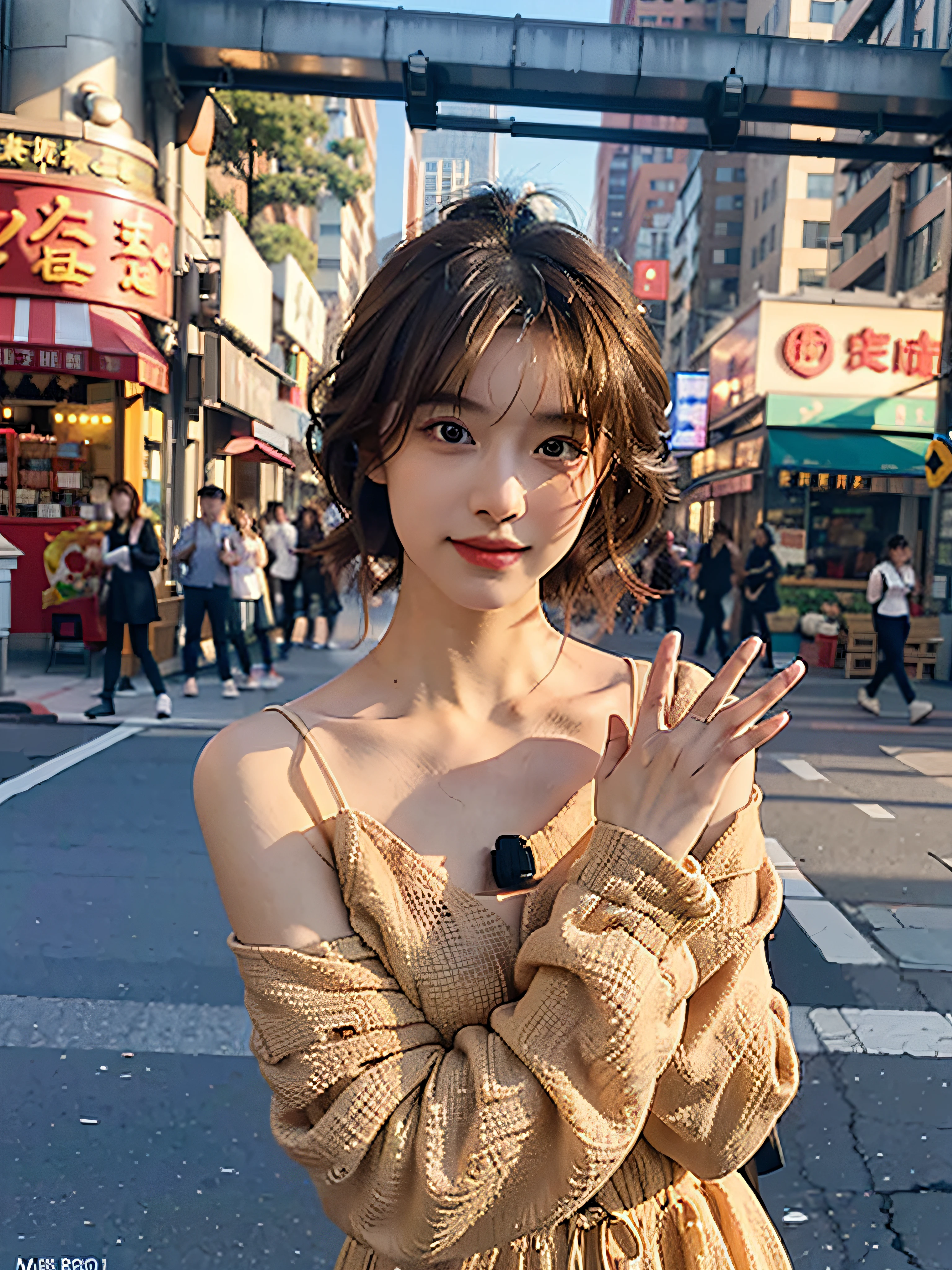 Random posture、mix4、(8K、RAW Photos、top-quality、​masterpiece:1.2)、(realisitic、Photorealsitic)、Bustling street、back lighting、moon light、One girl、cute little、A city scape、natta、Sateen、Radio City、brown haired, short  curly hair, a handsome, girl with, top quality photo, hight resolution, 1080p, (Clear face), (Detailed face description), (Detailed hand description）、（​masterpiece）、（Elaborate CG）、extreme light and shadows、dishevled hair、The work of the master、abundant detail、（Fine facial features）、（top quality photo）、（​masterpiece）、（A detailed eye）、Look ahead of youeyes、Fine clavicle