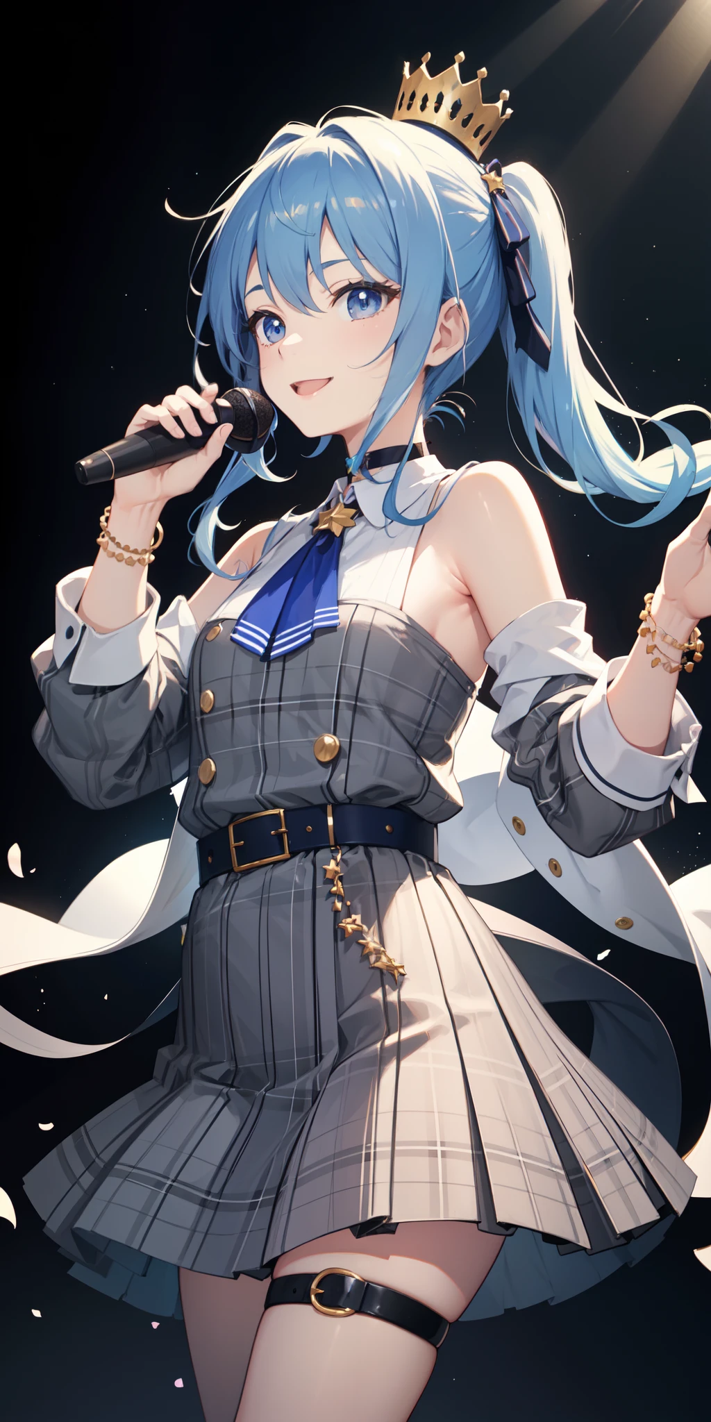 realisitic、 1 人、Particles of light、llight rays、wall-paper、masterpiece、top-quality、Hi-Res、SUI1、1girl in、独奏、side poneyTail、Star Seven Mercury、Fingerless gloves、Single Sai Hai、jewely、single sock、Thigh strap、A bracelet、Blue socks、buttoning、single kneehigh、Plaid dresses、Blue choker、Blue belt、plaid skirts、mini crown、grey skirt、Blue Ascot、long-sleeve、Plaid jacket、cowboy shot、on a stage、holding the mic、A smile、