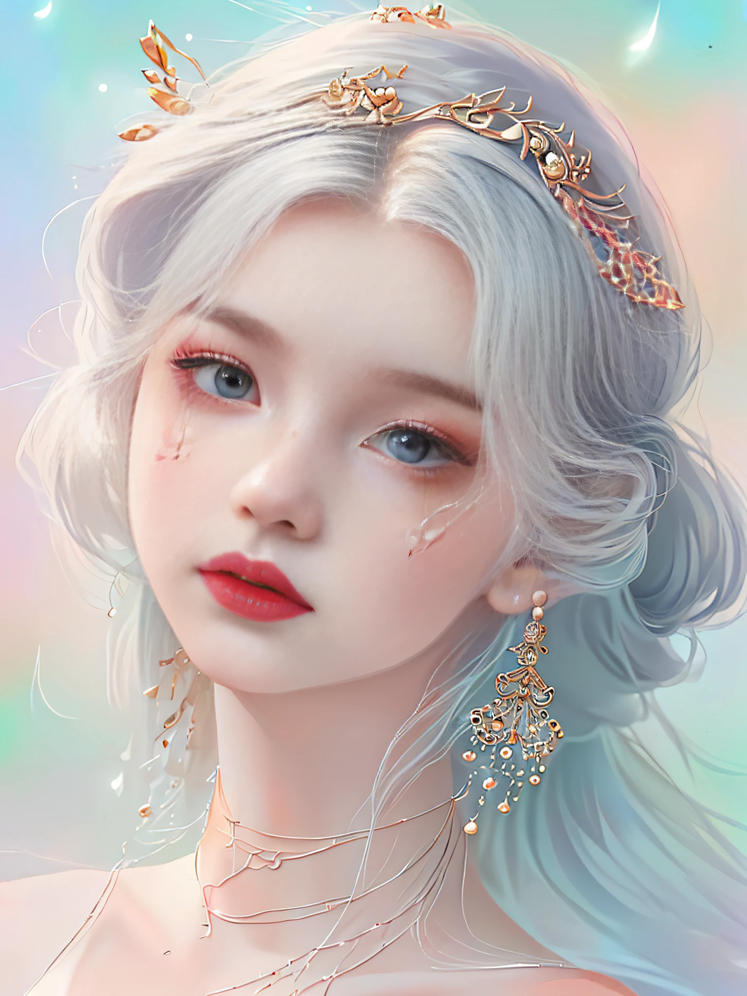A cute and beautiful girl,Big eyes of the water spirit,lovely and delicate,Peerless beauty,Delicate hair accessories,pitying,(messy hair),lacy clothing,Supple skin,Fashionab,A delicate painting,Clover hairpins,Blue,Ultra-high image quality,8K,depth of fields,(Macro lens),Ambient lighting,high light,Upper body animation style,Comics,High quality above the waist