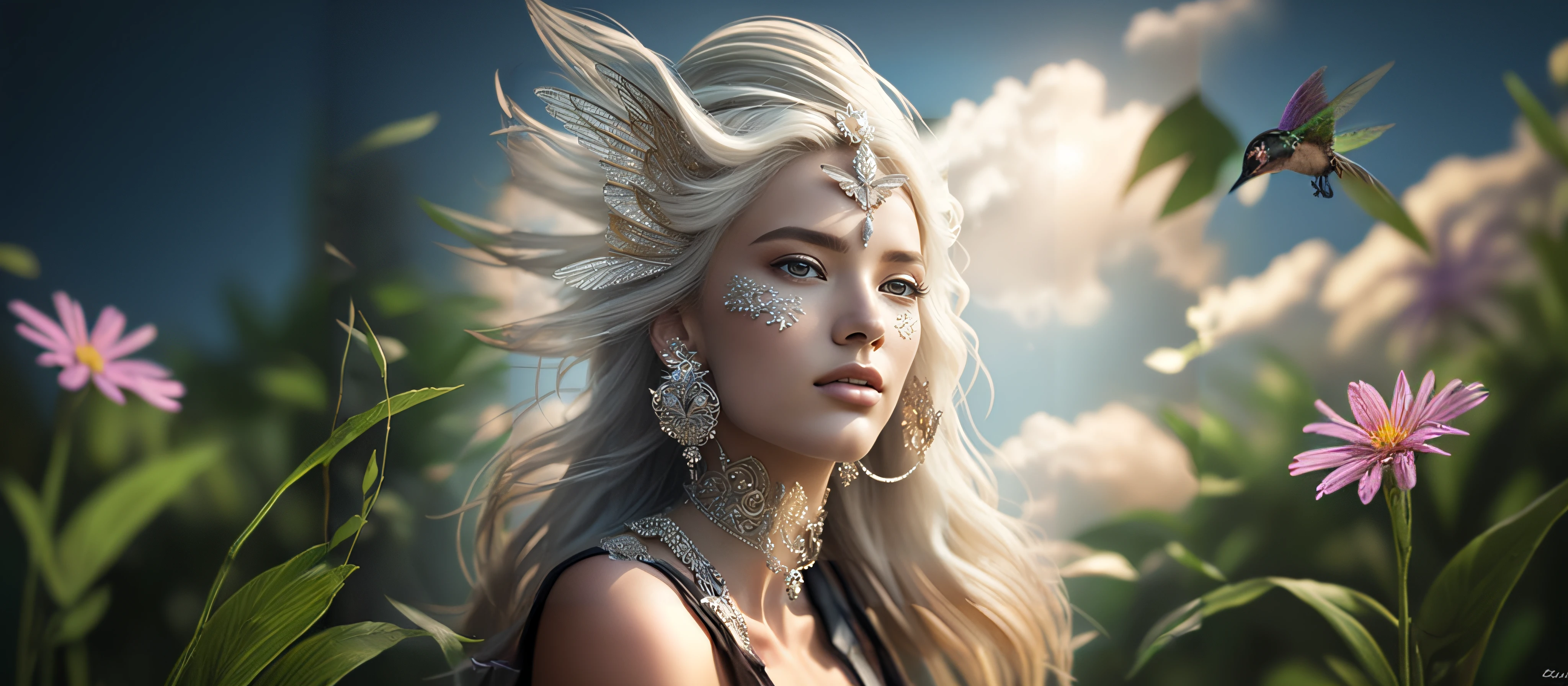 Detailed photo of Goddess Gaia, hummingbird, blue butterflies, butterflies, BUTTERFLIES, silver jewelry, air element, sunny day, beautiful young blonde woman, sharp focus, hummingbird, winds, hair blowing, clouds, sky, gale, strong wind, flowers flying detailed, complex, elegant, expansive, fantastic, butterflies, clouds, hummingbird, wind, enchanted, full of magical creatures, fantastic art, divine proportion, intricate design, ultra detailed, sharp focus, wind, breeze , 8k, high resolution, amazingly detailed, intricate design, elegant, artwork by stanley lau and artgerm, highly detailed, perfect face, blue eyes, lips, wide hips, slim waist, tall, makeup, tacticool, Fujifilm XT3, ao outdoors, bright day, beautiful lighting, RAW photo, 8k uhd, film grain, ((bokeh))