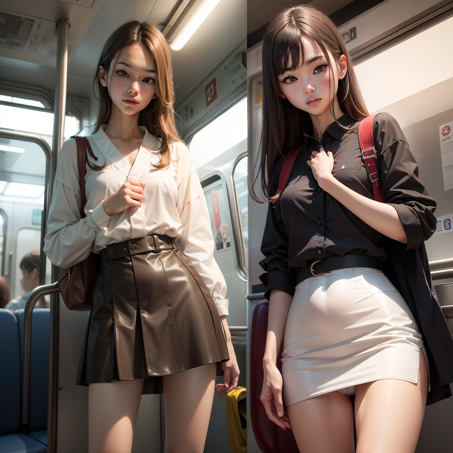 top-quality、masterpiece、超A high resolution、(Photorealsitic:1.4)、Raw foto、(slender leg)(beautifull hands)(Normal body shape)、dynamicposes、1girl in、独奏、校服、On the train、Brown hair