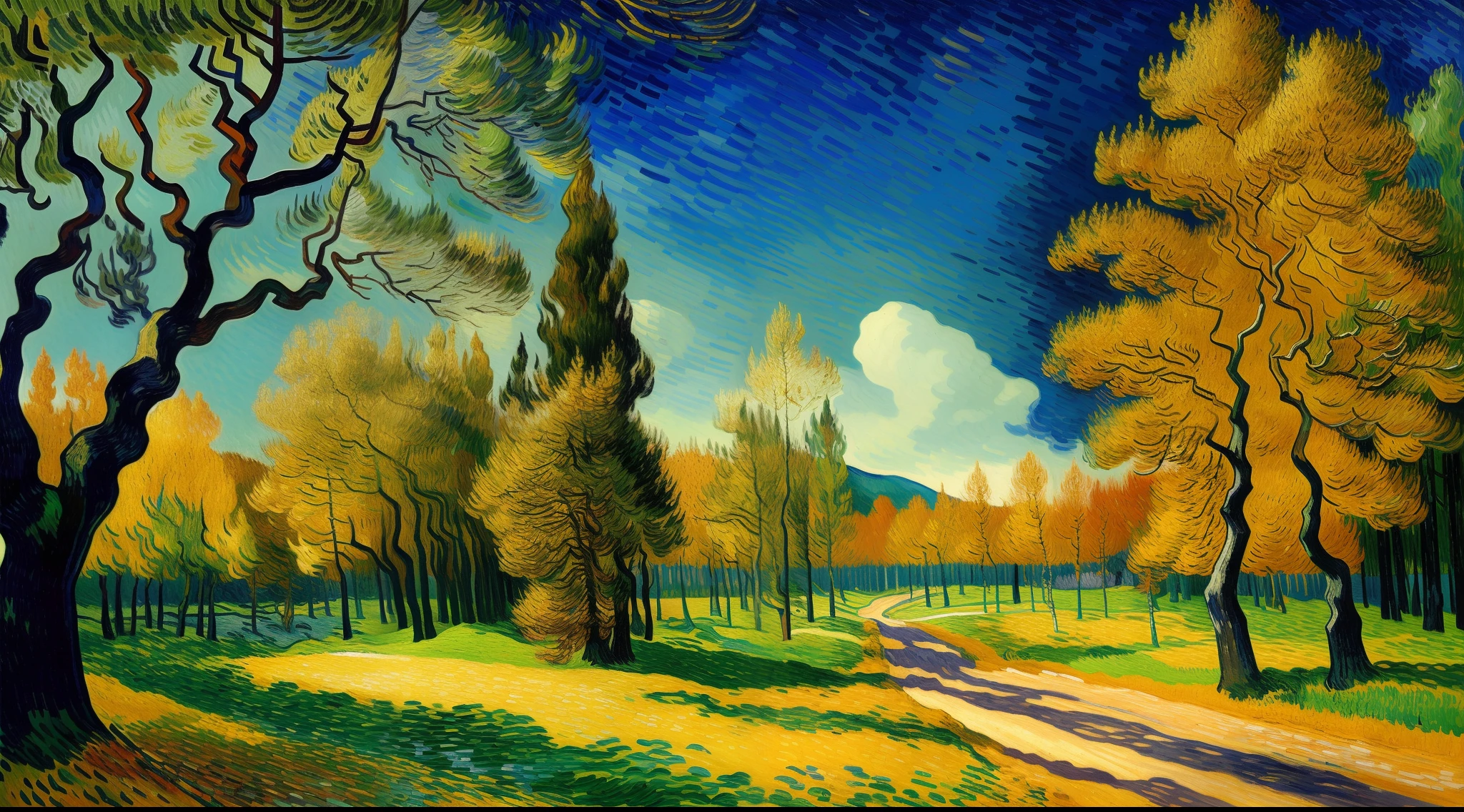 Autumn forest landscape,Vincent van Gogh,Andy Kiho,Complicated details,对称,In a beautiful dream,Alfred Sisley,oil painted,Fairy tale themed radiant vista,Plain background in winter,concept-art,
