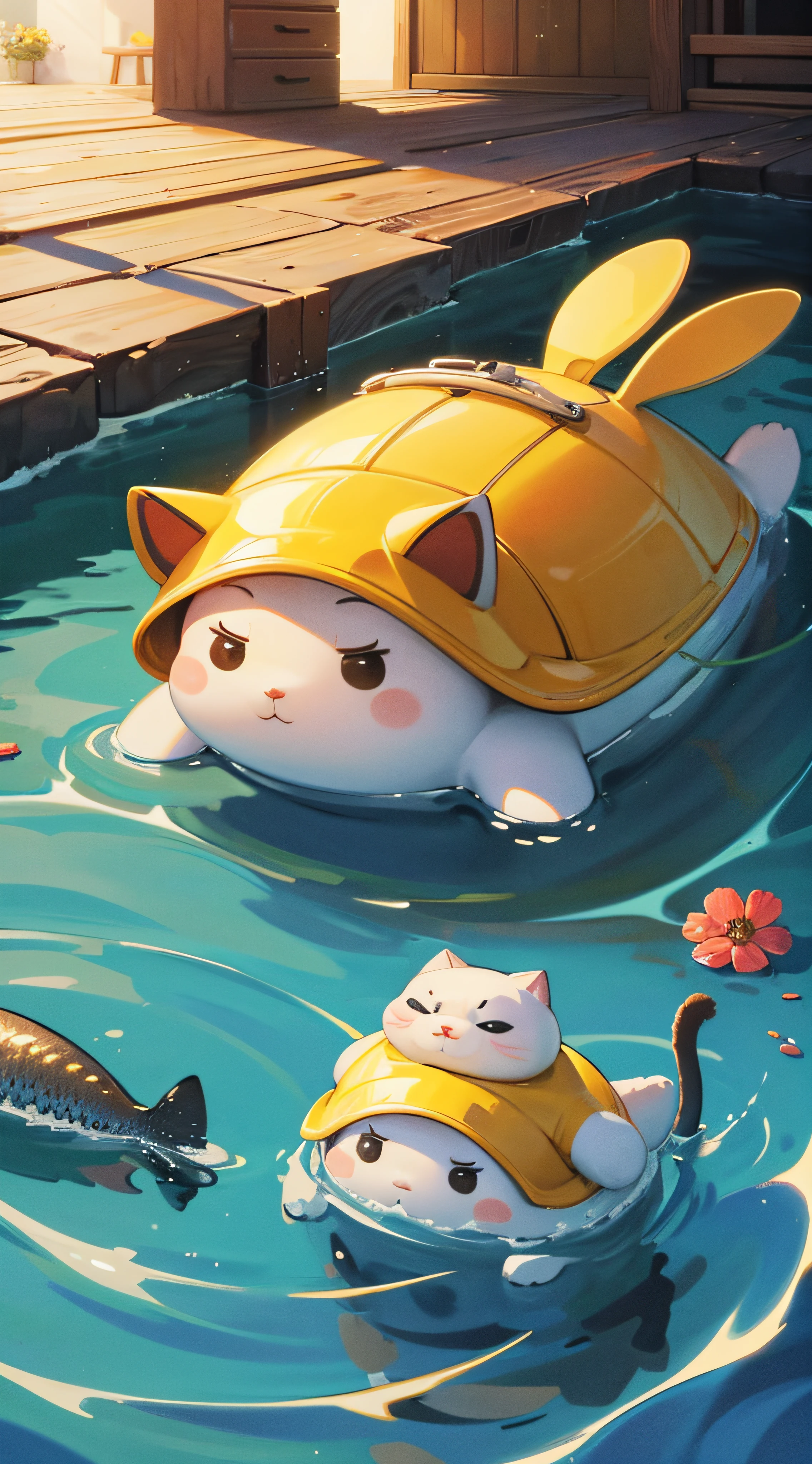 and the sun was shining brightly,A cute little fat cat,Catch fish in the water --auto