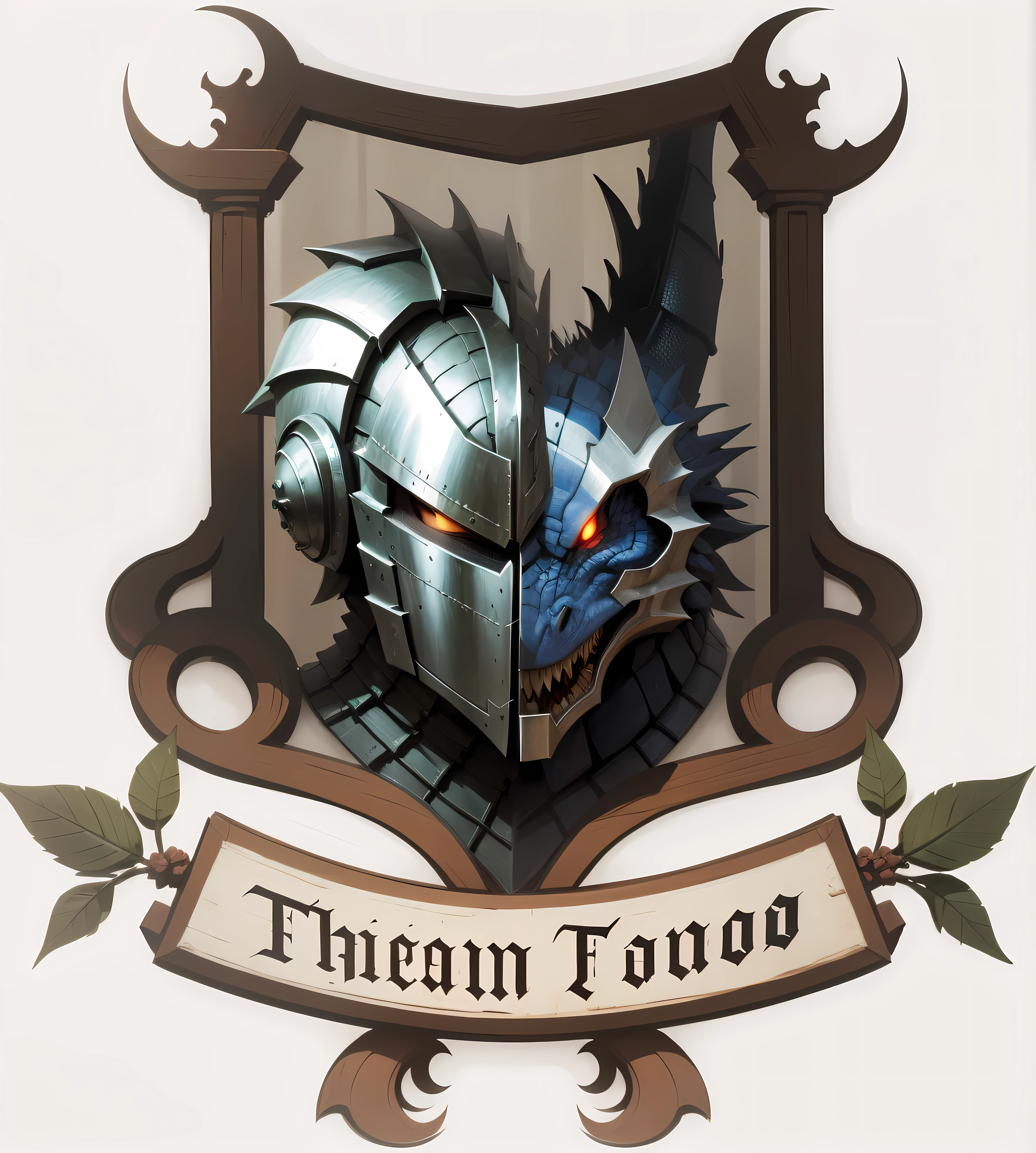 split head for half dragon and the other half medieval knight WITH WOODEN FRAME AROUND
