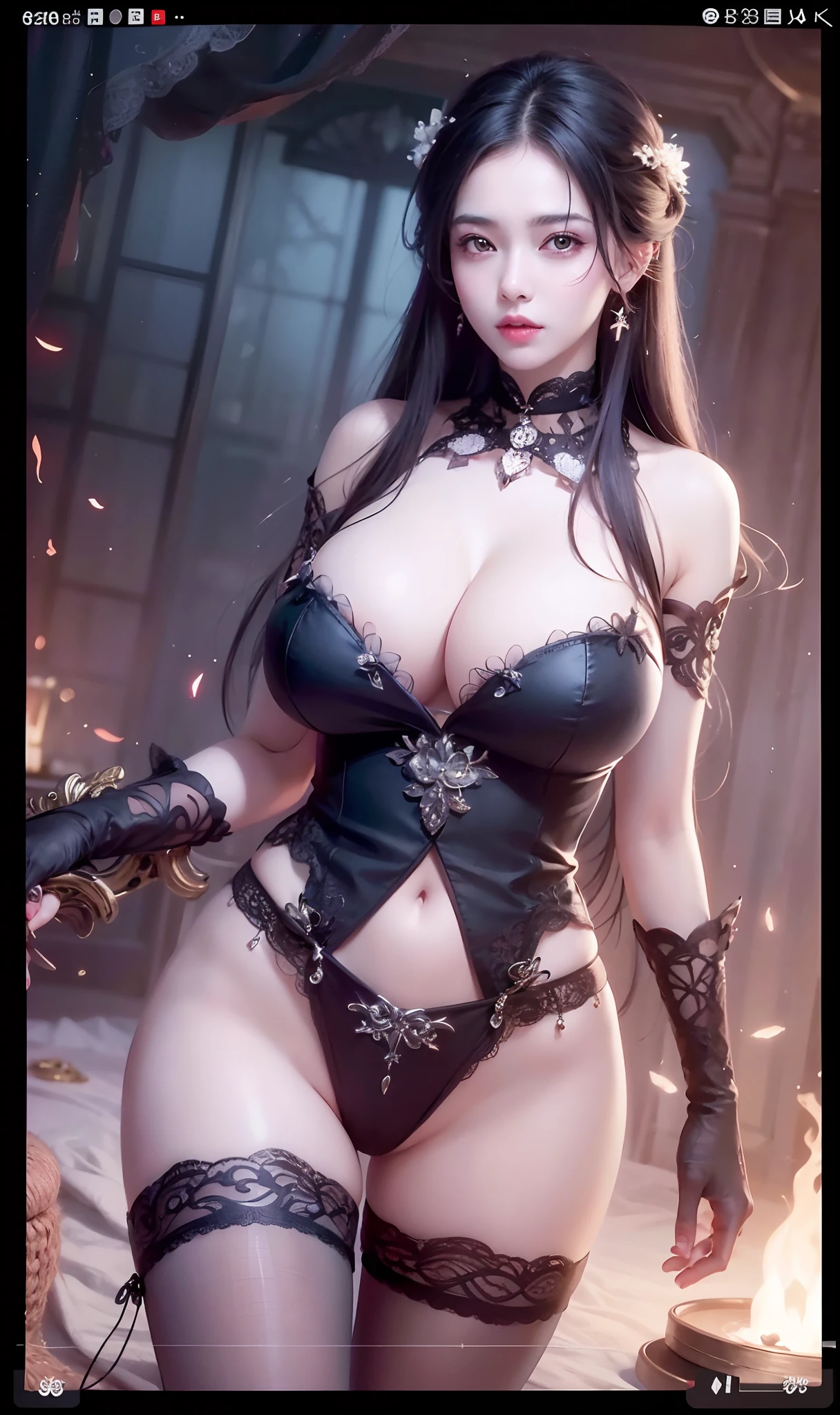 (8K, RAW photo, Photorealistic:1.25) ,( Gloss on lips, eyeslashes, gloss face, Glossy glossy skin, Best quality, 超高分辨率, Depth of field, color difference, Caustics, Broad lighting, naturalshadow, Kpop idol) tmasterpiece，Best quality，Portrait of 1girl，((best qualtiy)), ((tmasterpiece)), (the detail:1.4), 3D, hdr（HighDynamicRange）,Ray traching,NVIDIA RTX,Hyper-Resolution,Unreal 5,Subsurface scattering、PBR Texture、post-proces、Anisotropy Filtering、depth of fields、maximum definition and sharpness、Many-Layer Textures、Albedo e mapas Speculares、Surface coloring、perfectly proportions、rendering by octane、Two-colored light、largeaperture、Low ISO、White balance、the rule of thirds、8K raw data、Raised translucent top, Smaller top, Smaller white lace shorts, Raised, Mature feminization, Flattering eyes, White lace translucent top，Flat naked abdomen, Snow-white thighs, White lace stockings, Bare arms, Mature charm deep V open neck, Long reddish-brown shiny hair, White lace translucent shorts perfect figure 9-head beauty body contains thunderbolt
