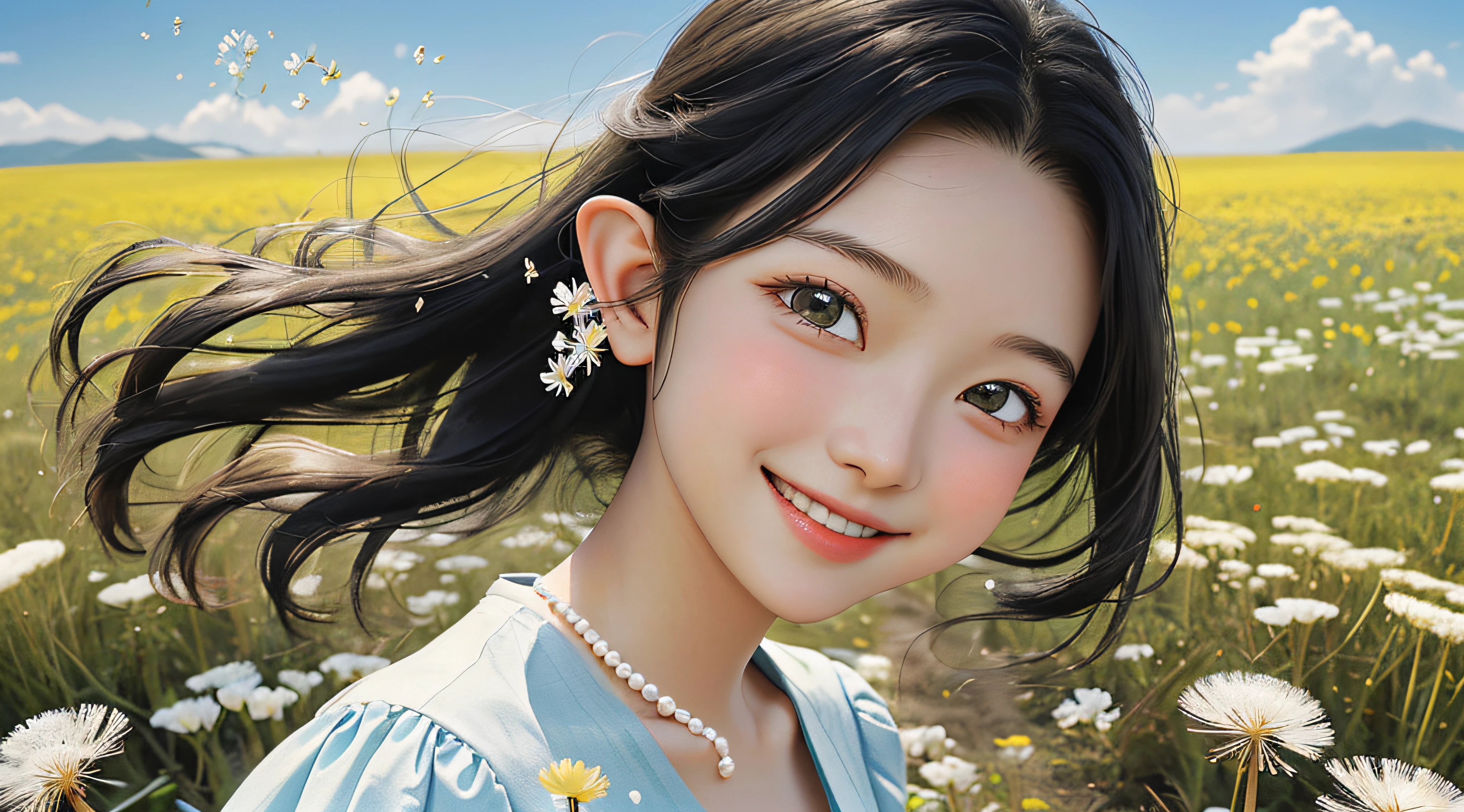On a summer afternoon,and the sun was shining brightly,The sky is blue,The steppe is full of blooming dandelions。In this beautiful steppe,An eighteen--old e sweet girl appeared。
She has long black hair,Curled slightly on her shoulders。She wears a small flower as a hair ornament,It adds a fresh breath。Her eyebrows are slender and natural,A pair of big bright eyes reveal joy and curiosity。She wore a light dress,Flutter in the wind,Show her youthful vitality。
She ran happily across the steppe,Pick a dandelion in your hand,Blow gently on it。Dandelion seeds scatter with the wind,Flew around her like an elf。Her cheeks flushed with excitement,The corners of her mouth rose,Look at the audience with a smile,It reveals a gentleness and kindness。
By this time,She was on a green prairie。Around her,butterflys、Bees and birds frolic among the flowers。The girl smiled sweetly,There was a hint of innocence and innocence in her smile。She places her hands naturally at her sides,Show off her flawless teeth,White as pearls。
Despite the extreme heat,But in this scenario,The cuteness of the girl and the beauty of the steppe come together,It brings a feeling of happiness and joy。