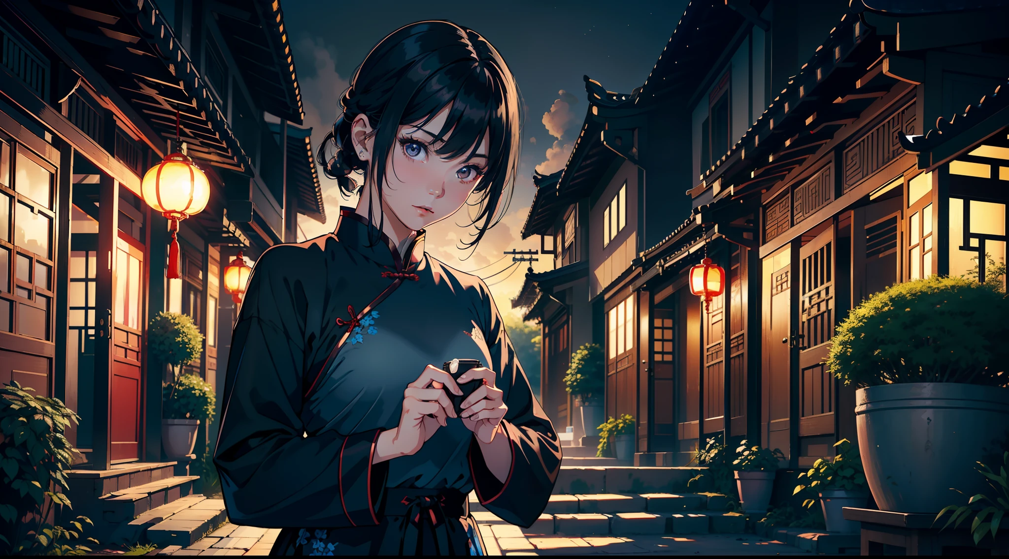 （（tmasterpiece，best qualtiy）），illustratio，Ultra-detailed 8K，Photorealsitic，Clear focus，A highly detailed，Professional lighting，Colorful Detailed，(Rural China，In the yard，A 30-year-old woman，Short black hair，Black colored eyes，Wearing blue clothes)