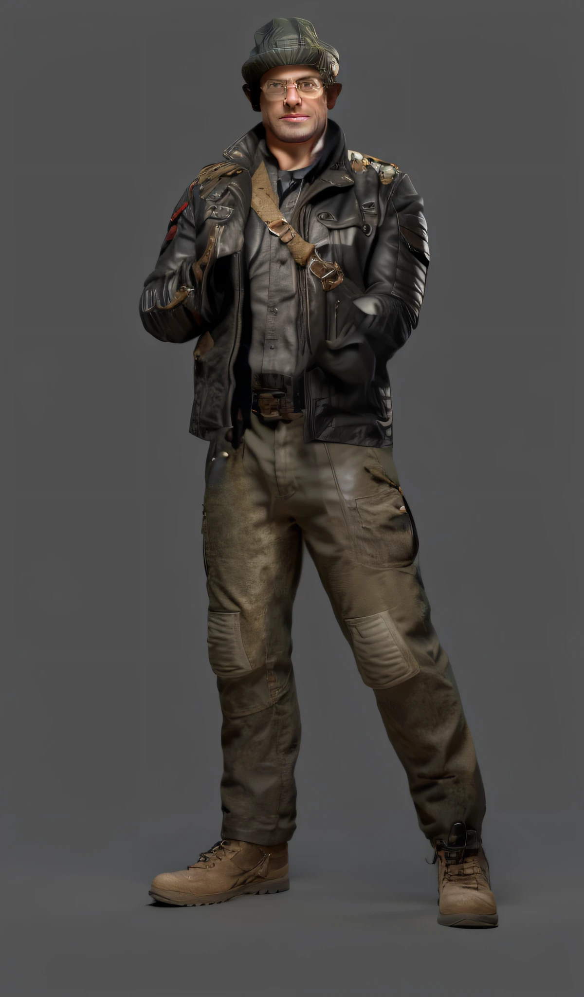 The Arad man in a leather jacket and hat stands，both hands on hip, maxwell render, albert wesker full body portrait, in a dark space mercenary outfit, jack baker from resident evil 7, full body photo of steve, full body render, full body character portrait, marmoset render, arnold maya render, full - body portrait of a ranger