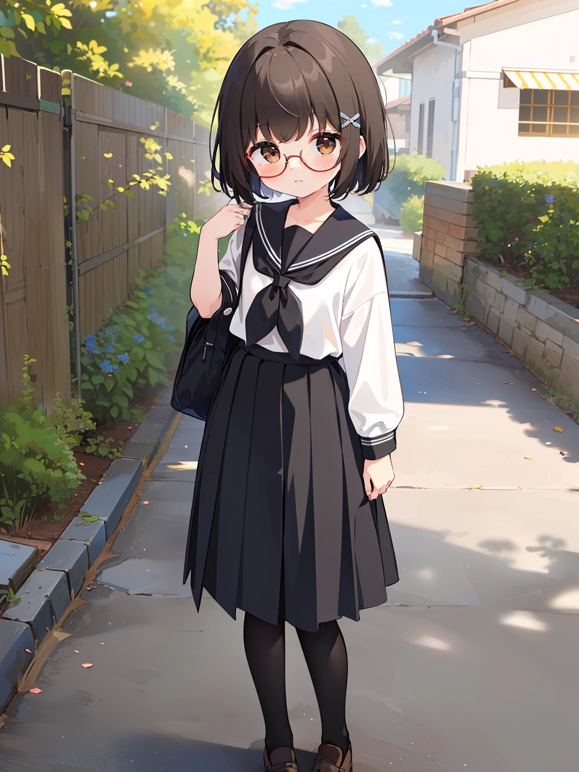 (​masterpiece、best qualtiy、one girls、a junior high school student、A dark-haired、short-hair、straight haired、Light brown eyes、hair adornments、wearing black glasses、cute  face)、School uniform、Summer Festivals、full body Esbian