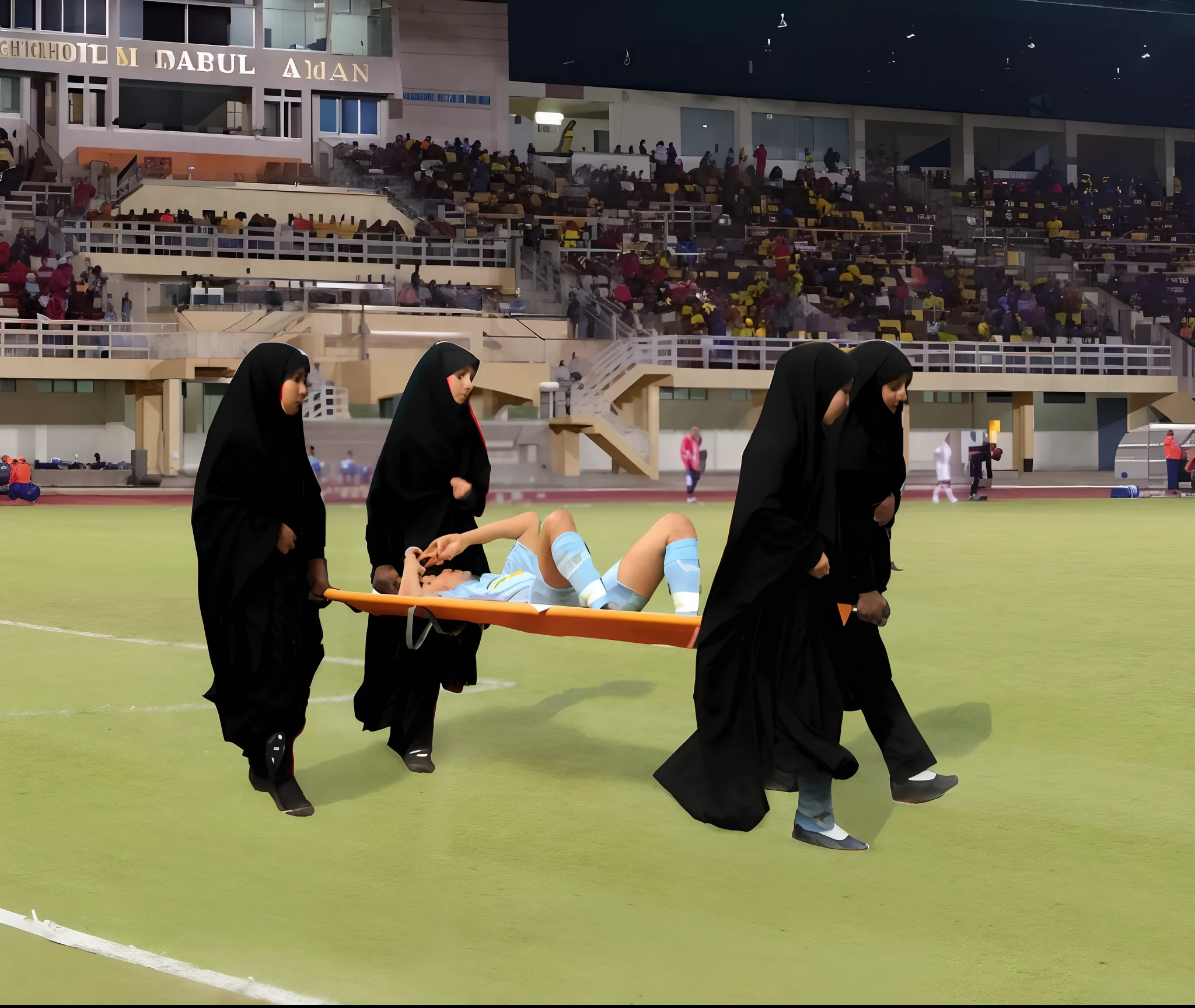 a soccer scene in a sports stadium, cool and wet weather conditions, humide ground, rainy sky, injury scene in a sports stadium, stretcher carry, there are four female medics carrying a stretcher, there are four female medics in very shiny coats who are carrying a stretcher in a sports stadium, there is a wounded male soccer player in a matte short cotton sports outfit lying on the stretcher, an injured male soccer player in matte cotton sportswear is lying in pain on a stretcher, a soccer player in matte cotton sports clothes is rearing up in intense pain while lying on a stretcher, dramatic scene, theatralic posing scene, dramatic pity scene, injury soccer, first aid, help, pity, there are four female medics in wetlook high-shine coats who are looking very sad and very terrified and very shocked, the injured soccer player is screaming out in pain while he is carried from the pitch on a stretcher