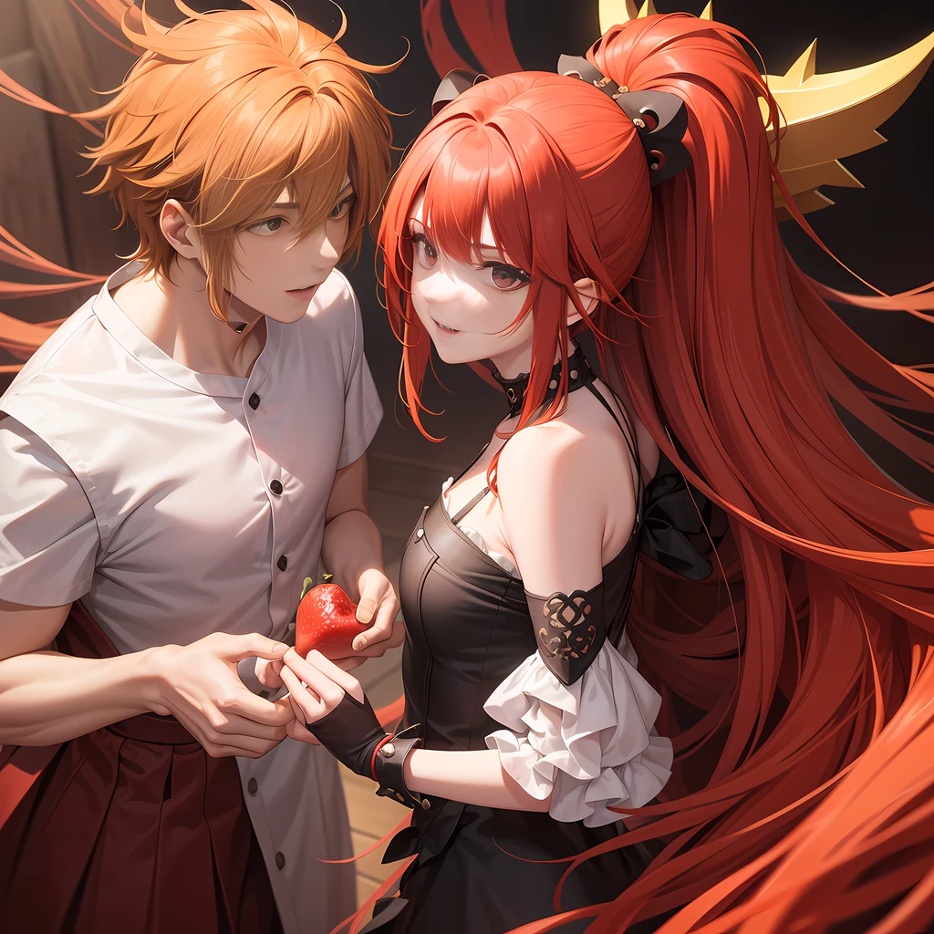 ((obra-prima, melhor qualidade, detalhada)), power of Chainsaw Man anime-style young woman with hair a unique shade of strawberry-red blonde that flows gracefully to the middle of her back This vibrant coloring contributes to its strong and unique presence. One of his most distinctive features are the bright red horns that protrude from the top of his head.. They feature an intriguing color combination with shades of red and yellow forming a crisscrossing pattern Also she has sharp teeth