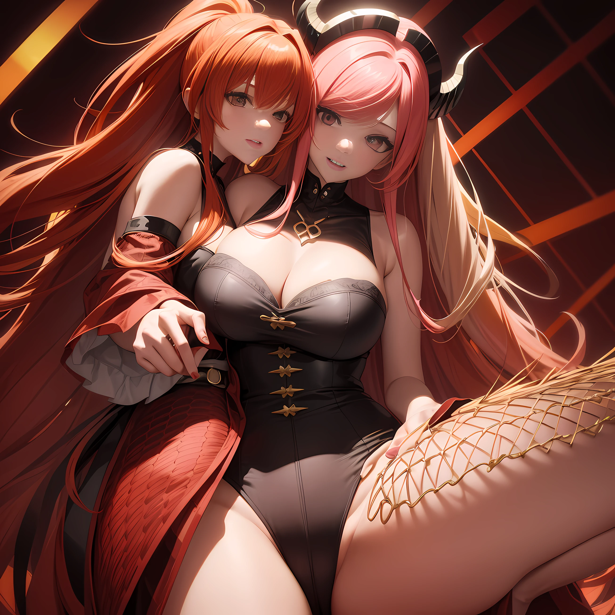 ((obra-prima, melhor qualidade, detalhada)), power of Chainsaw Man anime-style young woman with hair a unique shade of strawberry-red blonde that flows gracefully to the middle of her back This vibrant coloring contributes to its strong and unique presence. One of his most distinctive features are the bright red horns that protrude from the top of his head.. They feature an intriguing color combination with shades of red and yellow forming a crisscrossing pattern Also she has sharp teeth