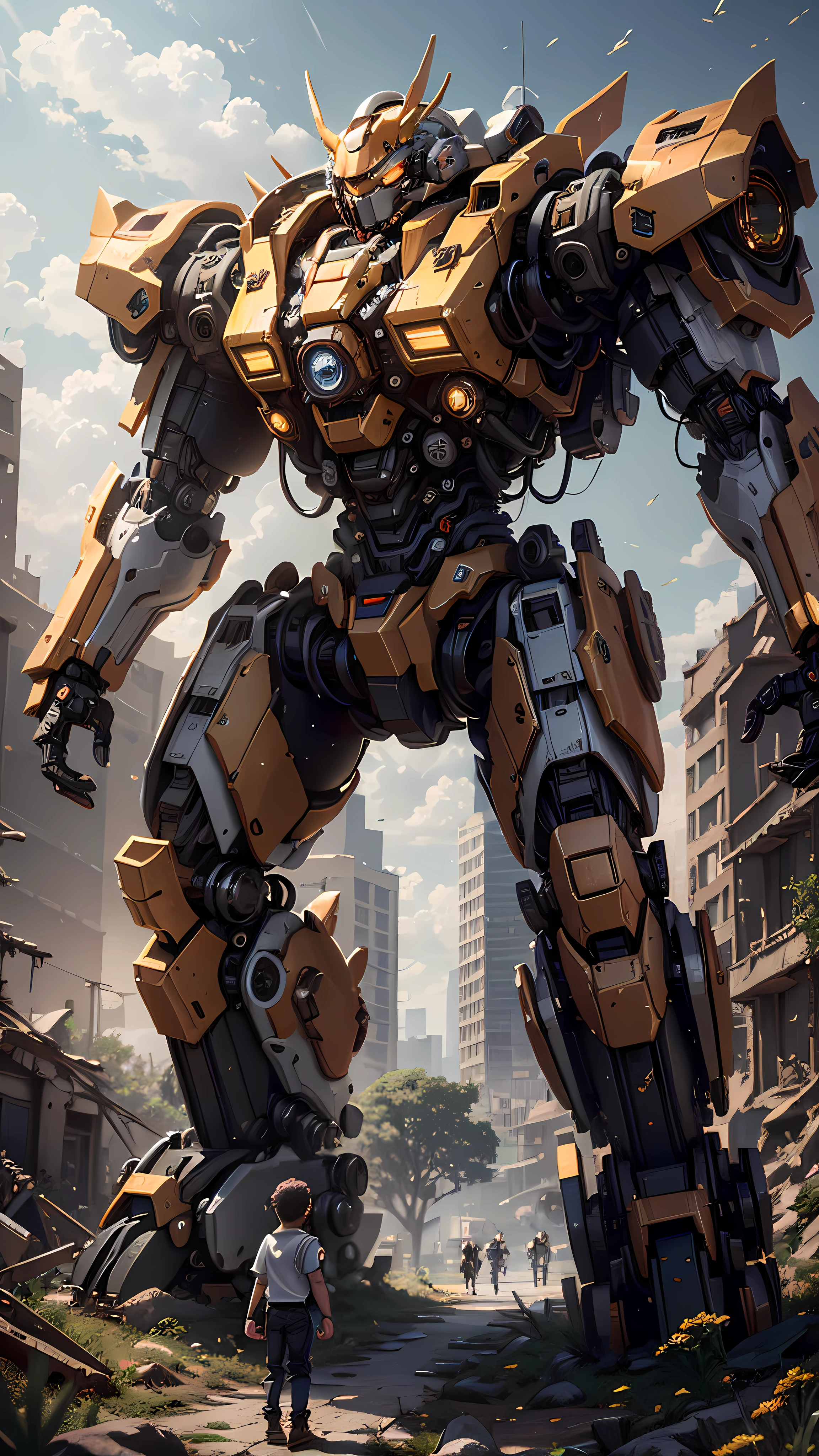 ((Best quality)), ((masterpiece)), (highly detailed:1.3), 3D,Shitu-mecha, small kid standing on the top her big cute red bear-shaped mecha in the ruins of city from a forgoten war, ancient technology,HDR (High Dynamic Range),Ray Tracing,NVIDIA RTX,Super-Resolution,Unreal 5,Subsurface scattering,PBR Texturing,Post-processing,Anisotropic Filtering,Depth-of-field,Maximum clarity and sharpness,Multi-layered textures,Albedo and Specular maps,Surface shading,Accurate simulation of light-material interaction,Perfect proportions,Octane Render,Two-tone lighting,Low ISO,White balance,Rule of thirds,Wide aperature,8K RAW,Efficient Sub-Pixel,sub-pixel convolution,luminescent particles,light scattering,Tyndall effect