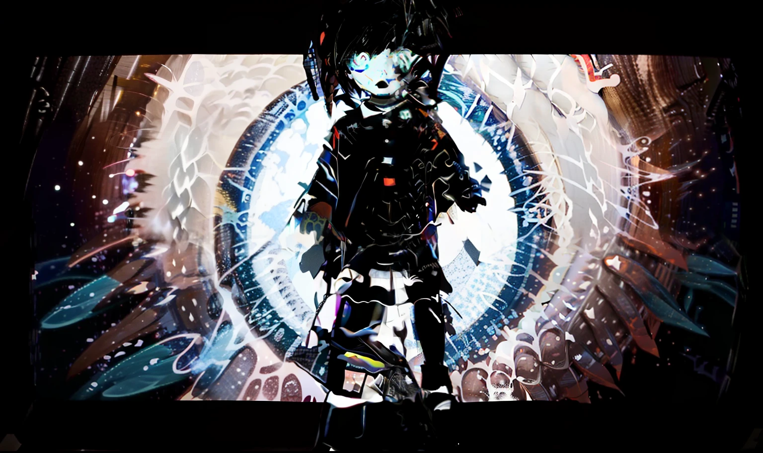 (tmasterpiece,Beautiful and beautiful),1girl,独奏,haruhi_srf,white long sleeve shirt and blue collar,Miniature miniskirt,a black skirt,red necktie,black ribbon,cute female child,spread their legs,Black panty,are standing,Frightened face,Small breasts,The right ring finger that has been cut off,The little finger of the right hand that has been cut off,The thumb of the right hand that has been cut off,quadratic element,complete body,Complete face,Show your face,MARETU
