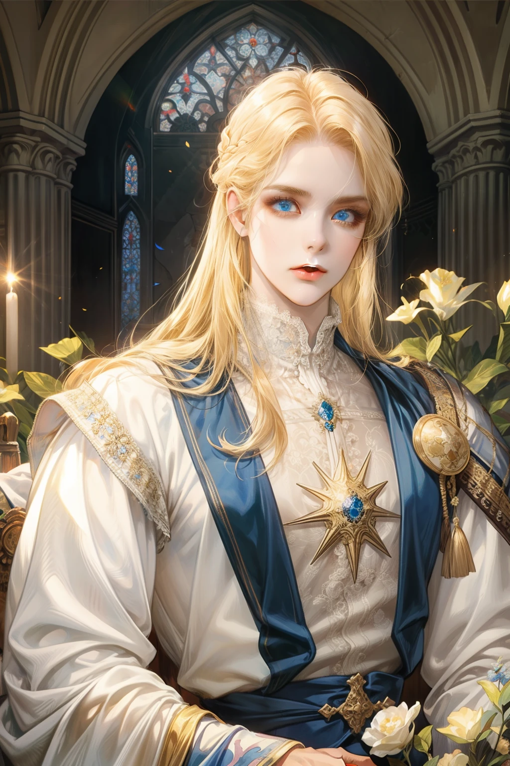 1 man, Realistic, master-piece, bestquality, Beautiful, detailed eyes and detailed faces.,natural light, Medieval Fantasy, European retro, White shirt, lace, Long golden hair, blue eyes, attractive, Decorative flowers, sunbeam