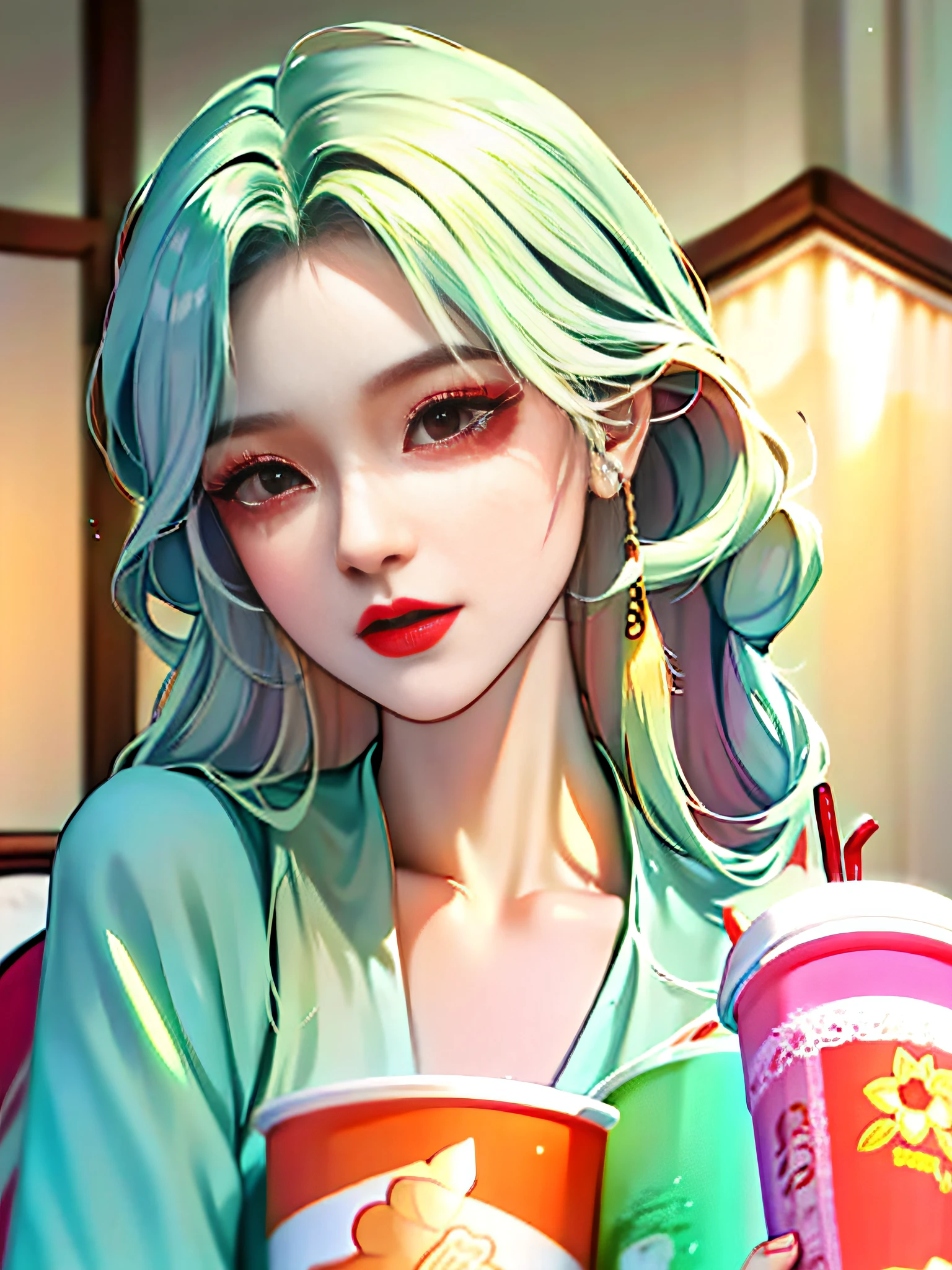 Long Light Hair,close to face,Chinese big eyes girl with lipstick on her lips, Realistic scene style, Light green and light maroon,Drinking a juice, I can't believe how beautiful this is, pixar-style, pixar-style, pixar-style, pixar-style,Light white and light green, cartoon character
