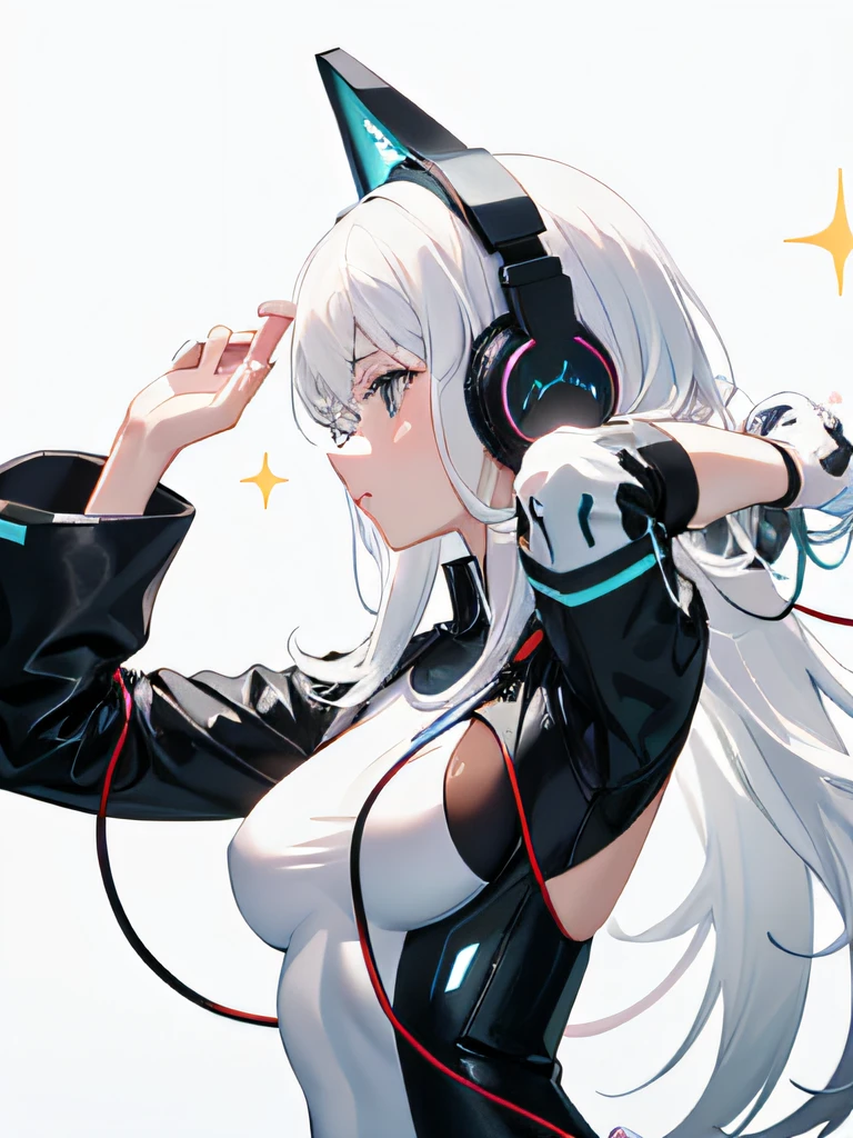 from_side, arm_up, medium hair, white hair, medium_breasts, headphones,sparkle,
