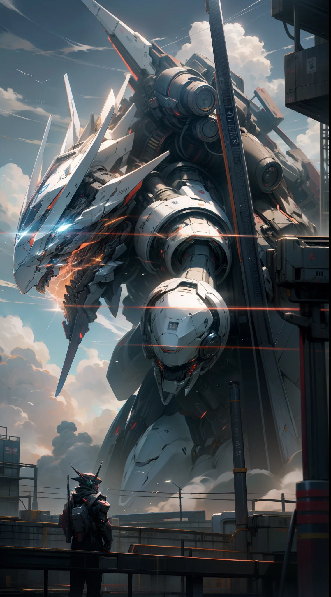 Skysky，​​clouds，holding_weapon，no_humans，with light glowing，，Machine monsters，buliding，glowing_eyes，mecha，scientific fiction，城市，Realistis，mecha
