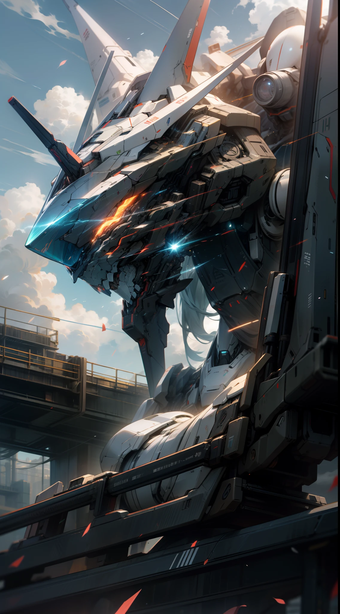 Skysky,clouds,holding_weapon,no_humans,with light glowing,,Machine monsters,buliding,glowing_eyes,mecha,scientific fiction,城市,Realistis,mecha