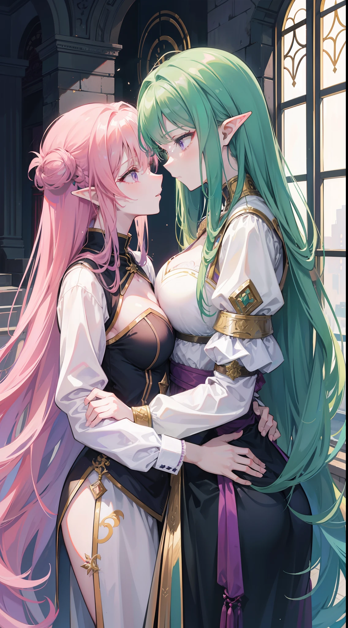 2 woman, One has long green hair..........., purple eyes.. , The other has long pink hair..........., High Quality, couple , Girls love girls............, Yuri,,A Beautiful Girl, lesbian, lover, knight , luxury, dynasty ,castles,Knights, warriors, swords, elves, bows.
