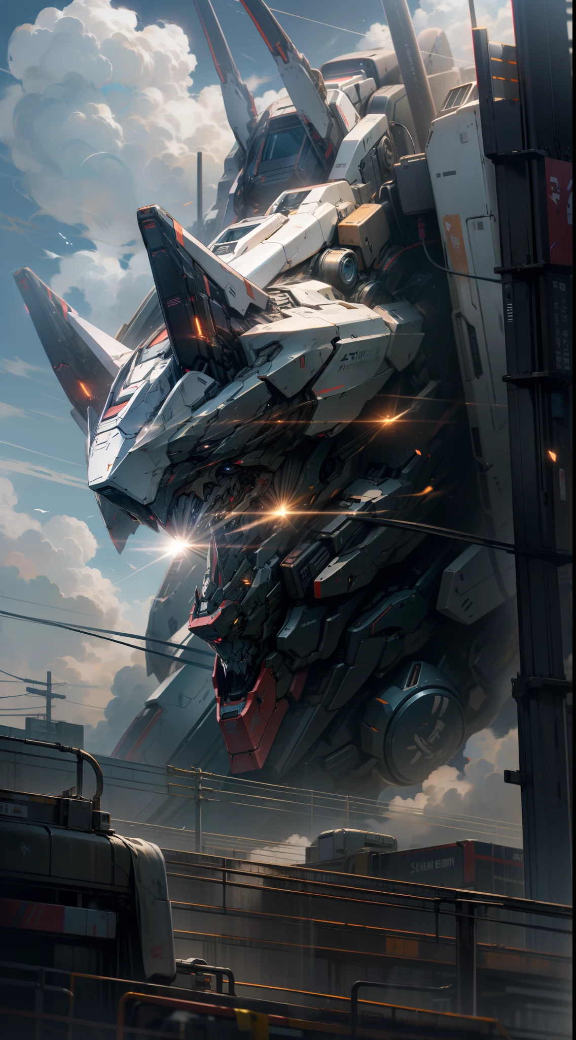 Skysky,clouds,holding_weapon,no_humans,with light glowing,,Machine monsters,buliding,glowing_eyes,mecha,scientific fiction,城市,Realistis,mecha