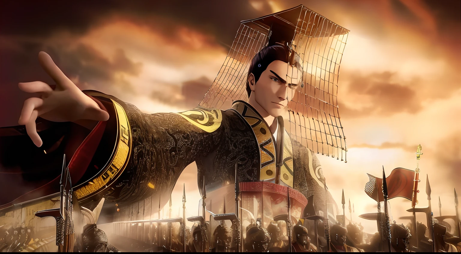 A man in military uniform points to a close-up of the building, zhao yun, Dynasty warriors, Beautiful rendering of the Tang Dynasty, inspired by Li Kan, Chinese Warrior, film promotional image, chinese three kingdoms, Inspired by Huang Shen, inspired by Fan Kuan, inspired by Ma Shi, Game CG, Inspired by Seki Dosheng, inspired by Xuande Emperor