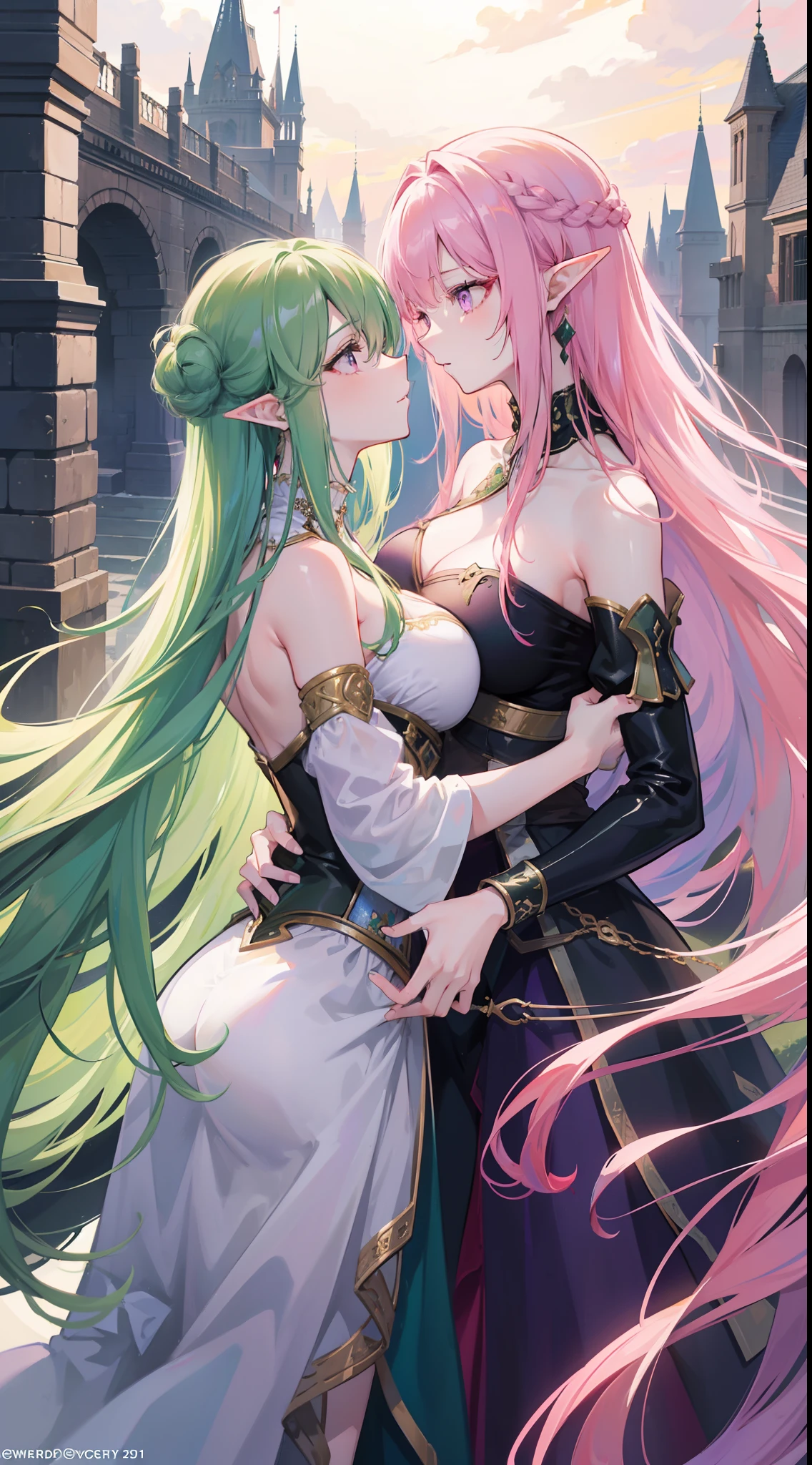 2 woman, One has long green hair..........., purple eyes.. , The other has long pink hair..........., High Quality, couple , Girls love girls............, Yuri,,A Beautiful Girl, lesbian, lover, knight , luxury, dynasty ,castles,Knights, warriors, swords, elves, bows.