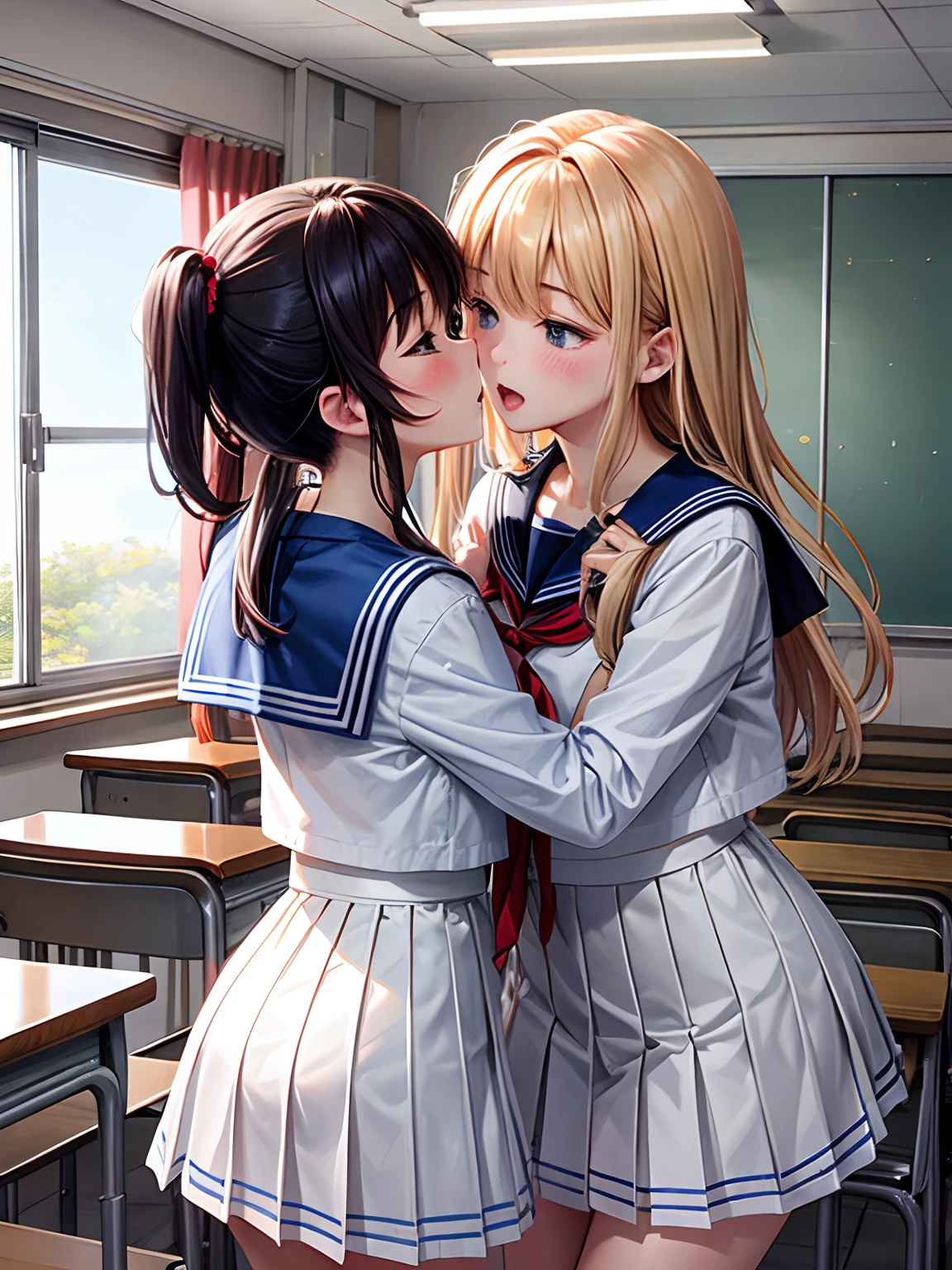 lighting like a movie、High school girls kissing each other、a sailor suit、‎Classroom、