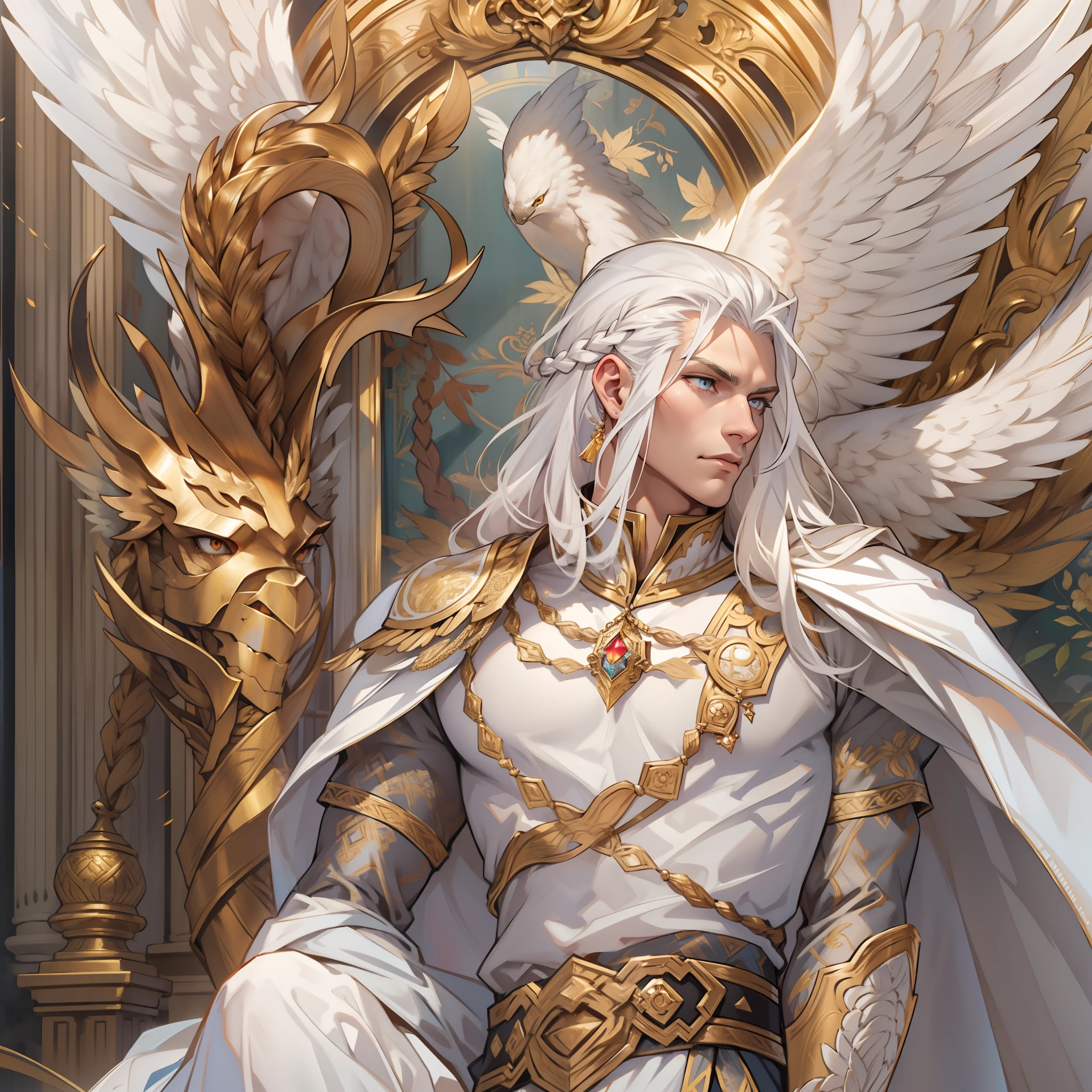 Caius is a handsome male, stands at 7ft tall. He has an athletic body structure. He wears royal attire thats silver and gold. He has beautiful long white silky hair and a golden eye color. He is seen with a staff. He has huge white wings. A big bulge in his pants. White Phoenix human form. His hair is braided back. Bara. Roman nose. Muscular. Defined jawline. Palace. Braided hair.