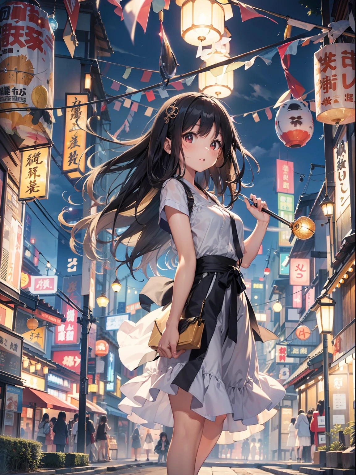 Top image quality　Original Characters、City Girl、summer clothing、Long Black Hair、A city made up of Japan glass wind chimes、Huge entrance cloud、Evening glow