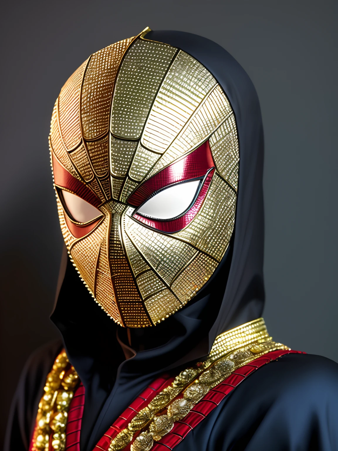 fechar-se, era vitoriana, Spiderman mask, cinematografia, handmade, elegante, meticuloso, magnifica, maximum details, extremely hyperaesthetic, intricadamente detalhado, muito ouro, diamante, Ruby and pearls, cinematic light and black background