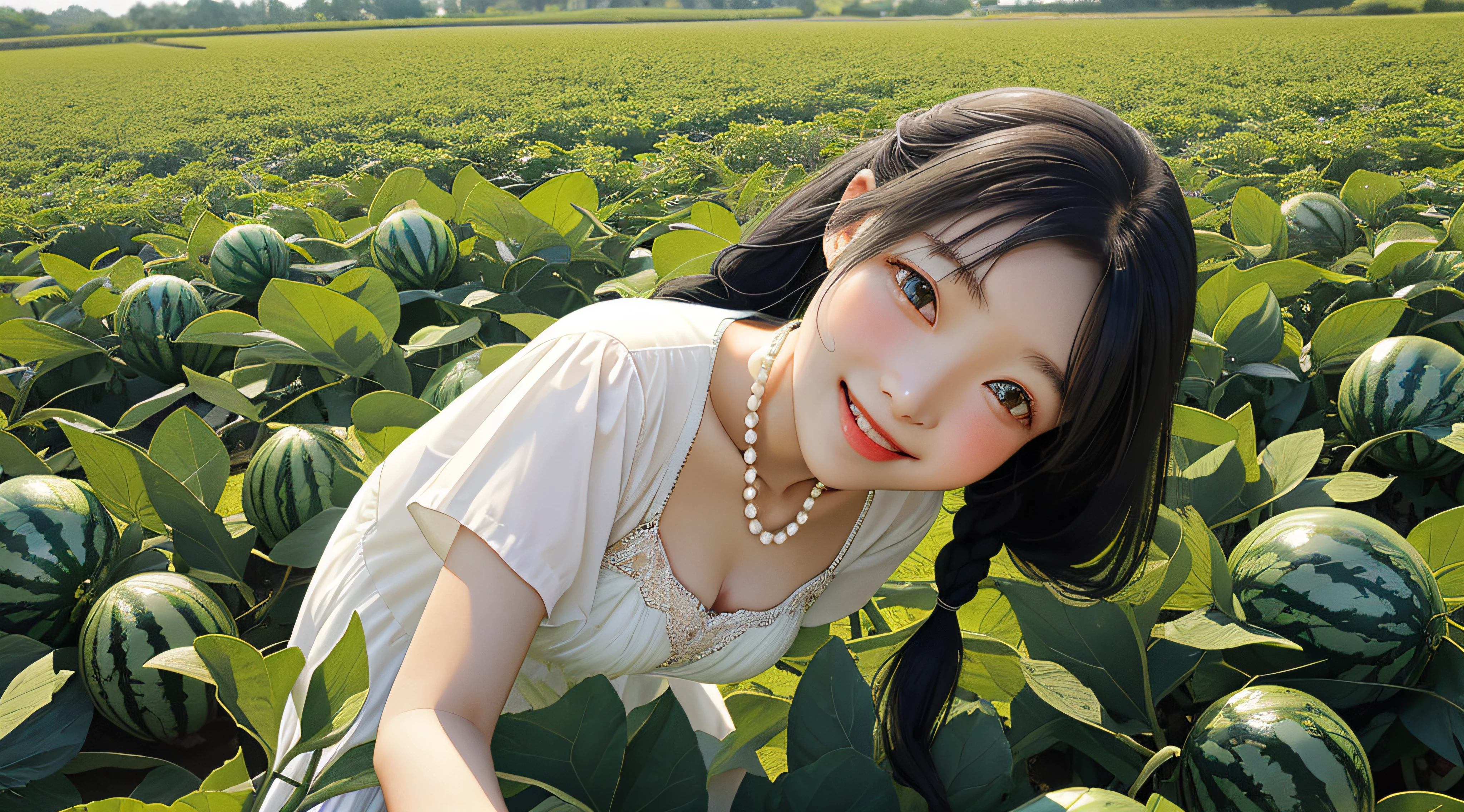 On a summer afternoon，the Sun Shining，The emerald green watermelon vines in the melon field cover the entire ground，Large ripe watermelons are hung with branches。In such a beautiful view，A cute maiden appeared。
She has long black hair，Qi bangs and double braids make her look more playful and cute。Under her thick eyebrows，A pair of big eyes shone brightly。She wore a cool white dress，Show her youthful vitality。
On her head，She wears a delicate garland，Add a summer refreshment。Although she is a little shy，Her cheeks flushed with excitement。The corners of her mouth rose，Look at the audience with a smile，It reveals a gentleness and kindness。
By this time，She was in a melon field。Around her，Large ripe watermelon gives off an enticing aroma，Next to the girl, there are also a few slices of cut red watermelon。She smiled with delight，There was a hint of innocence and innocence in her smile。She naturally placed her hands in front of her，Show off her flawless teeth，White as pearls。
Despite the hot weather，But in this scenario，The cuteness of the girl and the beauty of the melon field are integrated，It brings a feeling of happiness and joy。