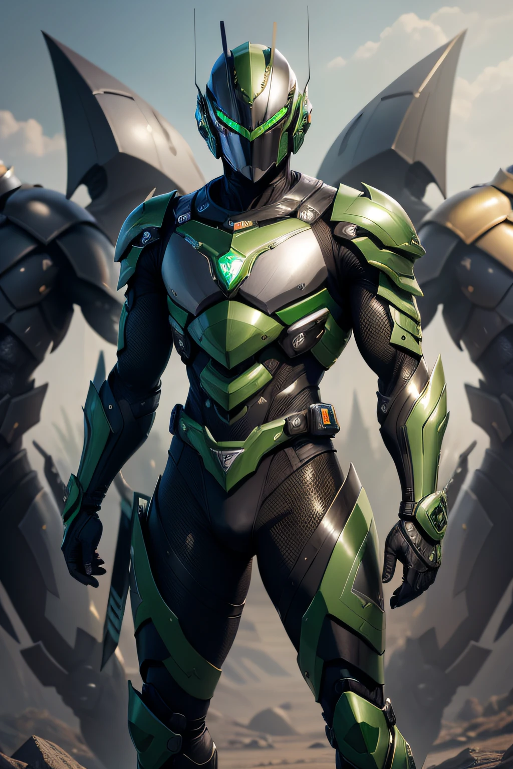 Shin Kamen rider, vestido com um traje preto e verde, armadura preta com detalhes verdes, Armadura preta e esmeralda, Armadura preta e verde, Armadura obsidiana de verde pesado, Armadura verde de Ouro, armadura de verde, cybernetic suit, Kamen Rider personagem, simetria!! ranger verde, cyber fight armor, epic ninja suit, cyber armor
