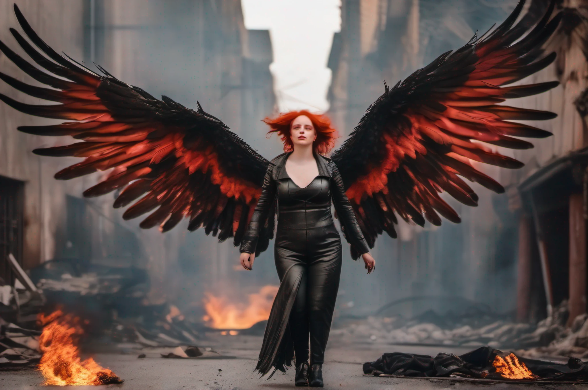 «Photorealistic image of an evil fallen angel with blood red wings, pale skin, and wild red hair, wearing a tight black leather outfit. She floats down menacingly through a war-ravaged city engulfed in flames, smoke billowing around her. Detailed feathers, cinematic atmosphere, shallow depth of field, Canon 5D SR lens, 8K»