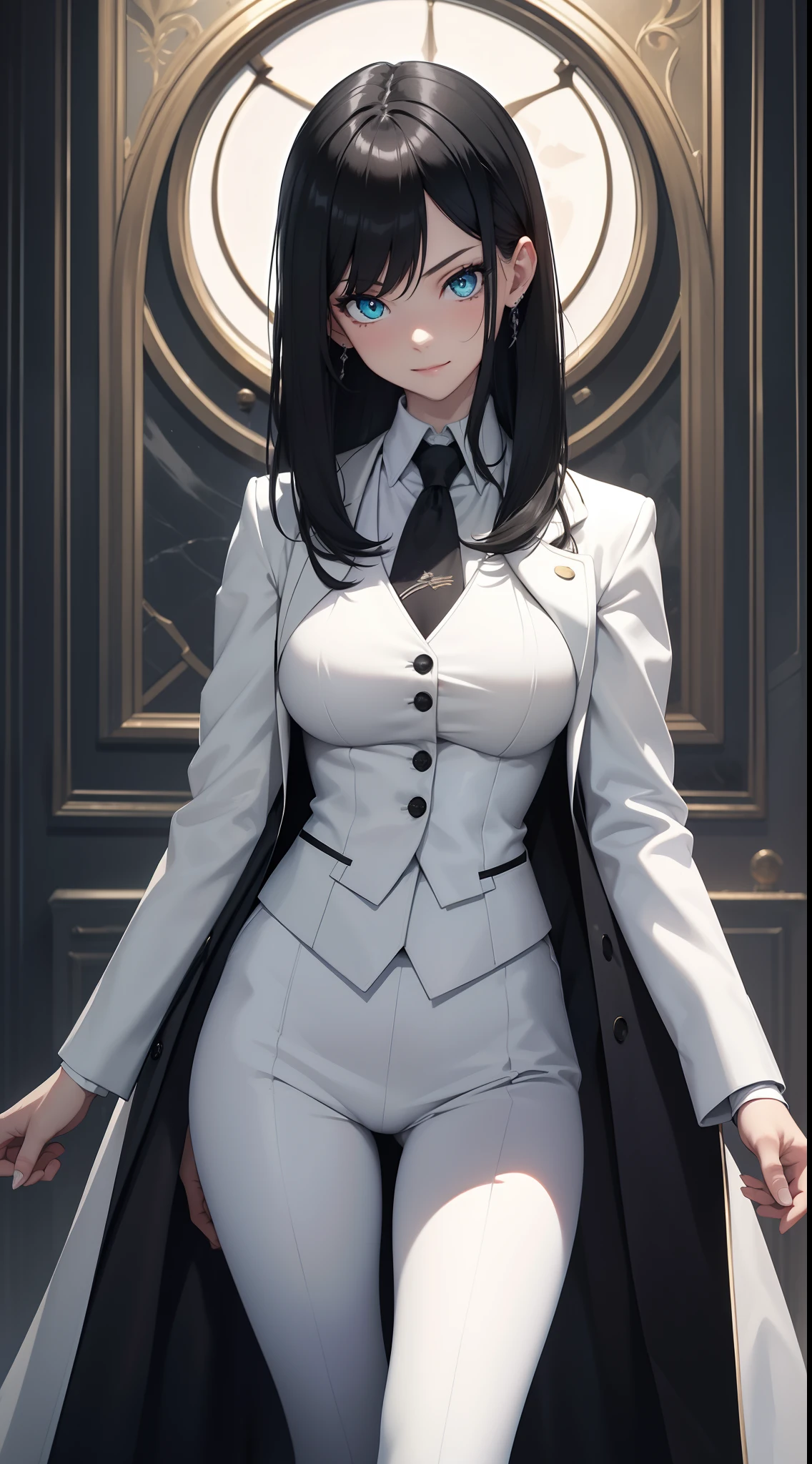 1girll, White skin, hdr,hyper HD,8K, Best quality, Masterpiece, Highly detailed, Ultra-fine painting, Vivid colors, Cinematic lighting, Slender, Head tilt, aqua eyes, Seductive smile, Straight hair, Medium hair, (Black hair), (Human), (tailcoat), Long pants, Black pants, Butler, Cool+, tie, White gloves