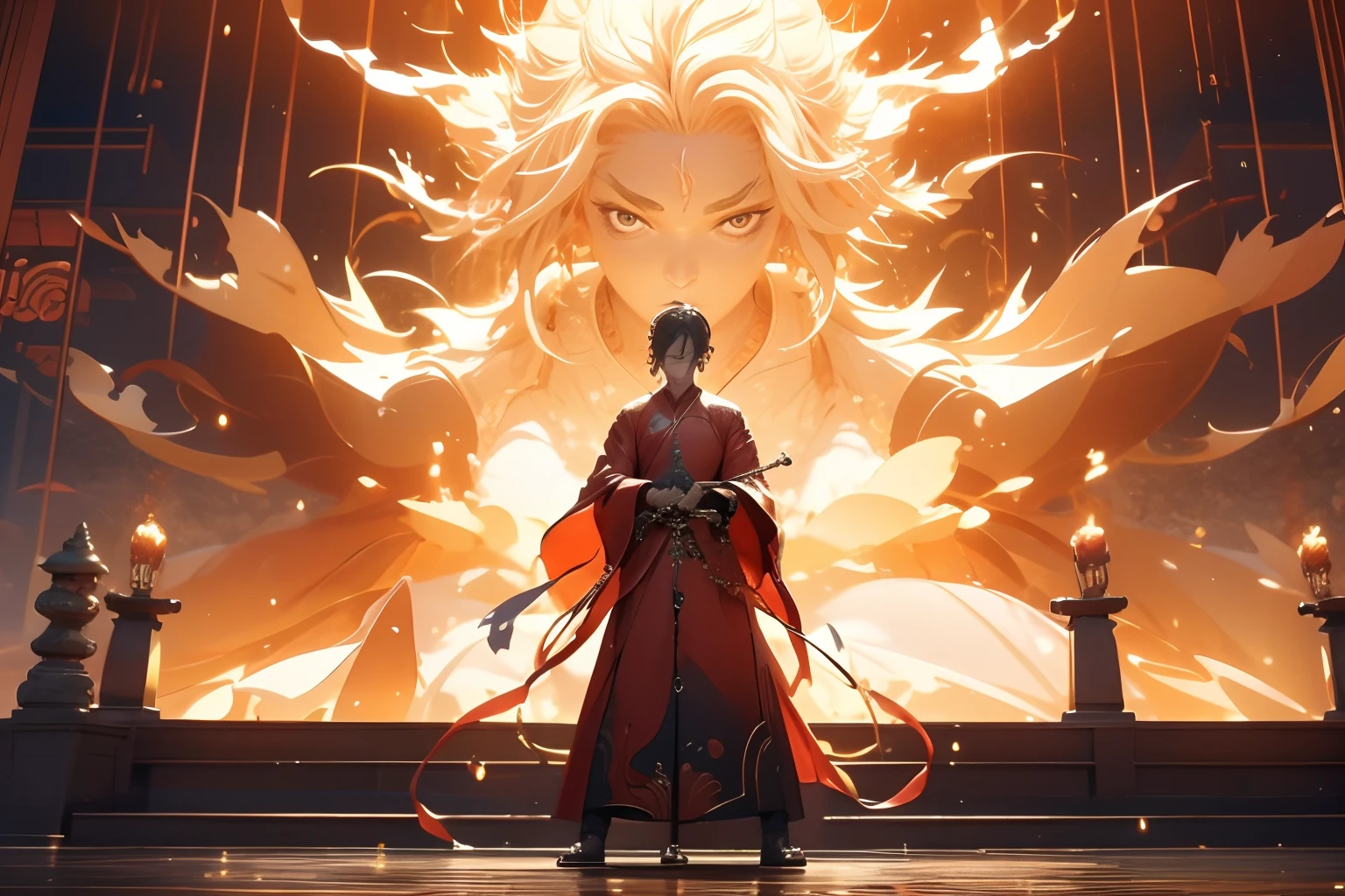Chinese mythology，A woman，（Wide robe），（the space），（He stood in front of a huge red transparent god general。。。。。。。。。。：1.4），（cleanness：1.4），red colour，Stretch your hands，swords drawn，The background is the South Heavenly Gate，Tyndall effect，Glow effects，Anime art style，Romantic graffiti，Meticulous，Realism is popular， New Fauvist style，Knolling，8K，tmasterpiece，super-fine，best qualtiy，8K，tmasterpiece，Works of masters，Detailed pubic hair，Accurate，Epic shooting，（God will：1.5）