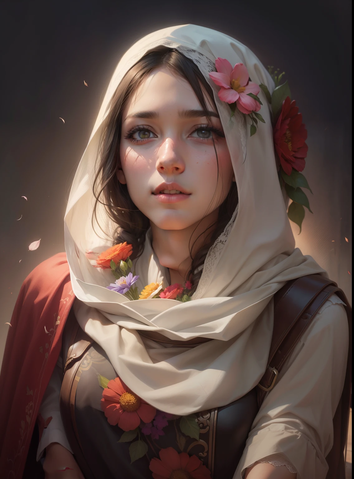 Realistic face, flowers on head